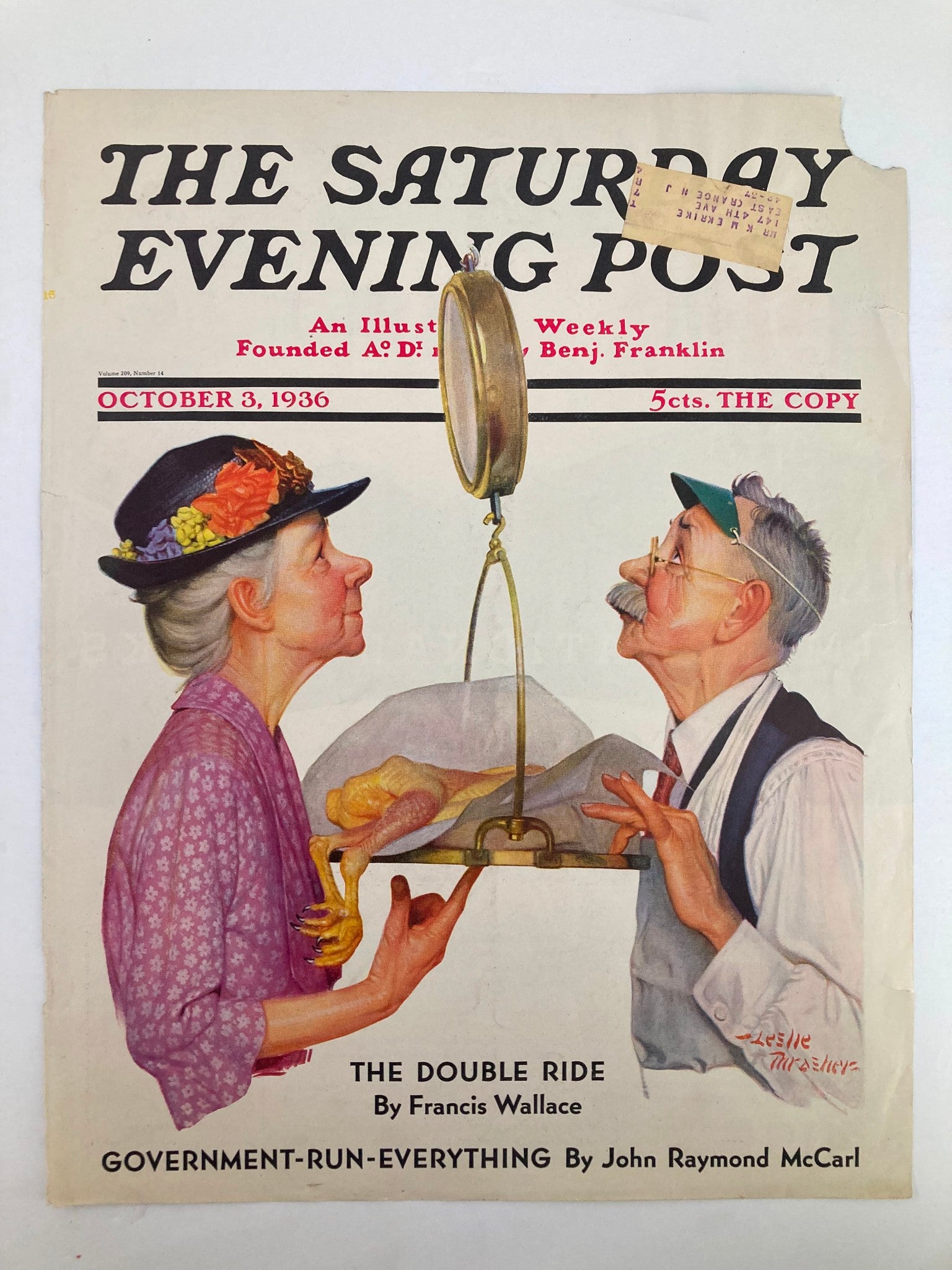 COVER ONLY The Saturday Evening Post October 3 1936 The Double Ride