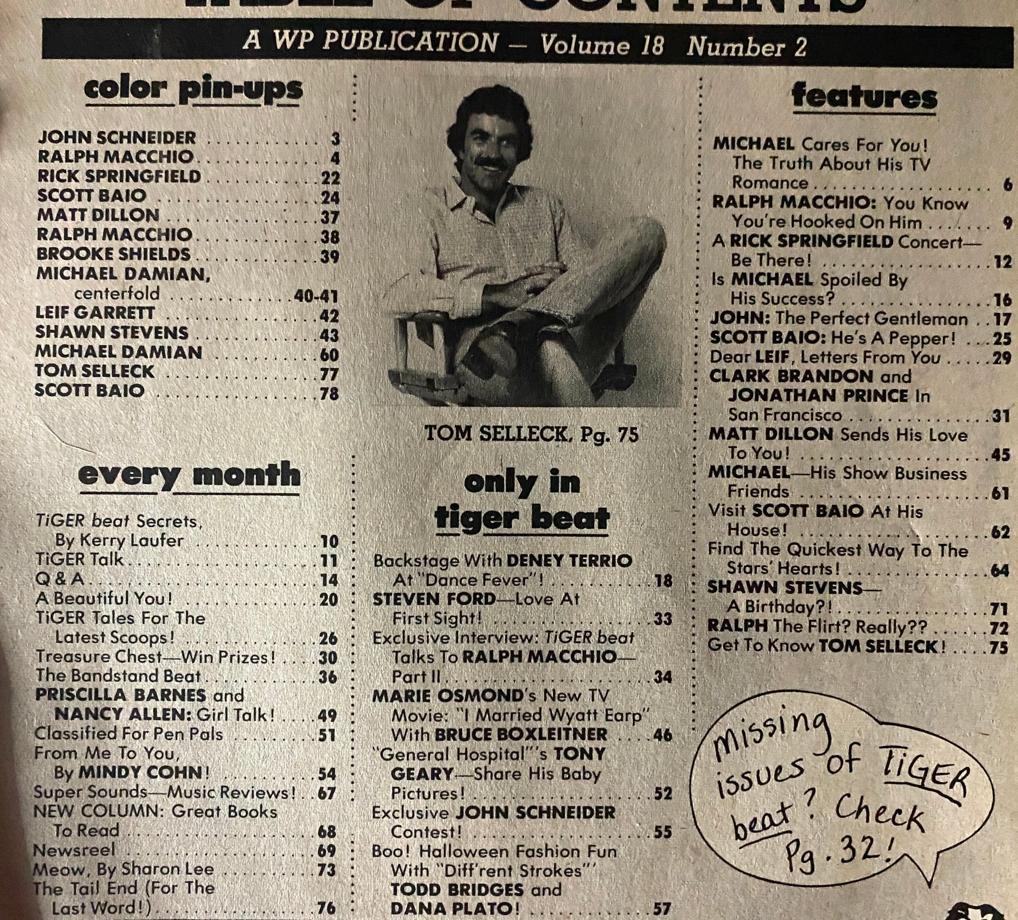 Table of contents from the Tiger Beat Magazine November 1981 issue, listing features and pin-ups including Tom Selleck and Scott Baio.