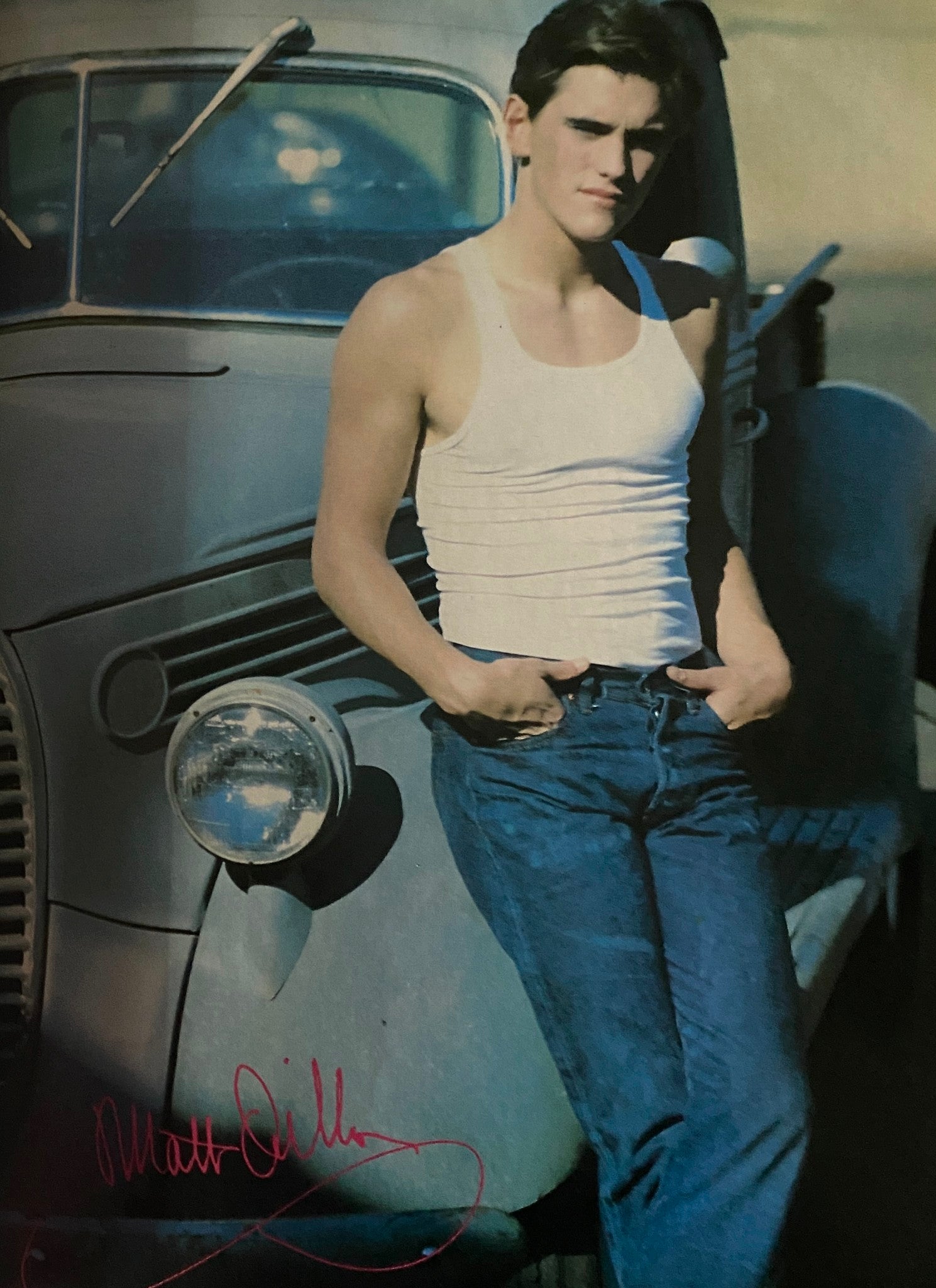 Scott Baio featured in Tiger Beat Magazine November 1981, showcasing a vintage photo of the actor in a tank top, leaning against a classic car.