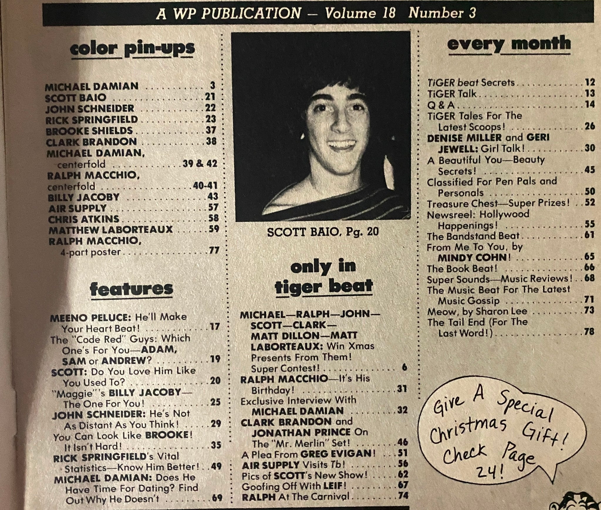 Inside page of Tiger Beat Magazine December 1981 showcasing color pin-ups and a list of featured content including interviews and contests.