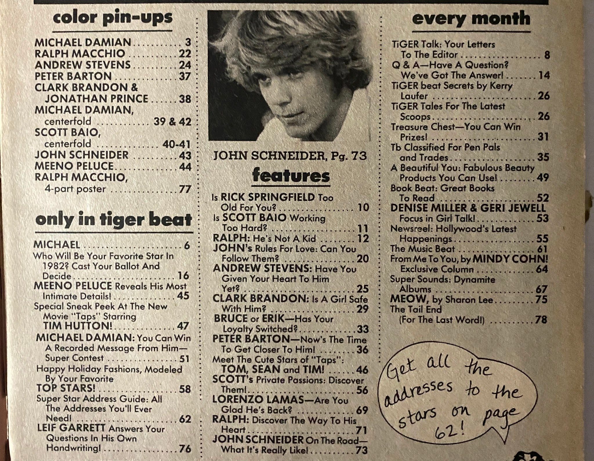 Table of contents page from Tiger Beat Magazine January 1982 featuring color pin-ups and exclusive articles including John Schneider.