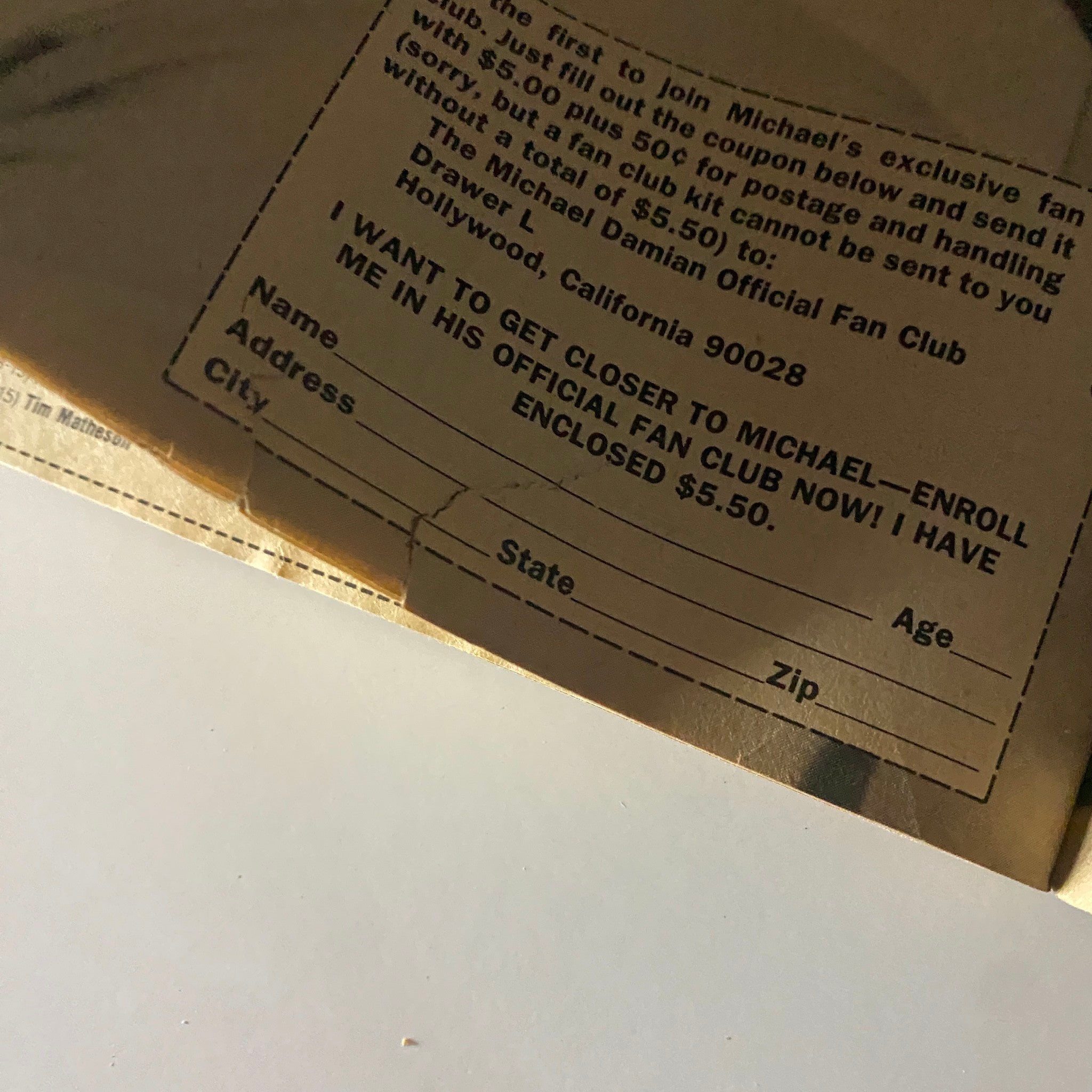 Fan club enrollment coupon for Michael Damian included in Tiger Beat Magazine January 1982, designed for fans.