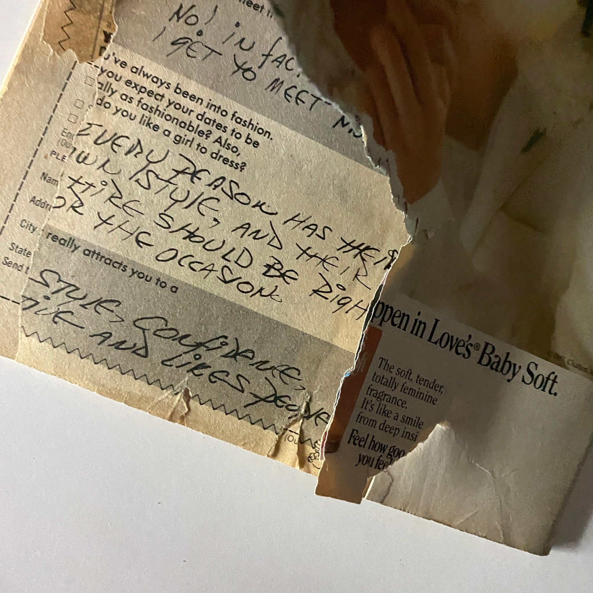 A vintage handwritten note and torn magazine advertisement discussing fashion and style preferences, featured in the Tiger Beat Magazine January 1982 Michael Damian, John Schneider w Poster.