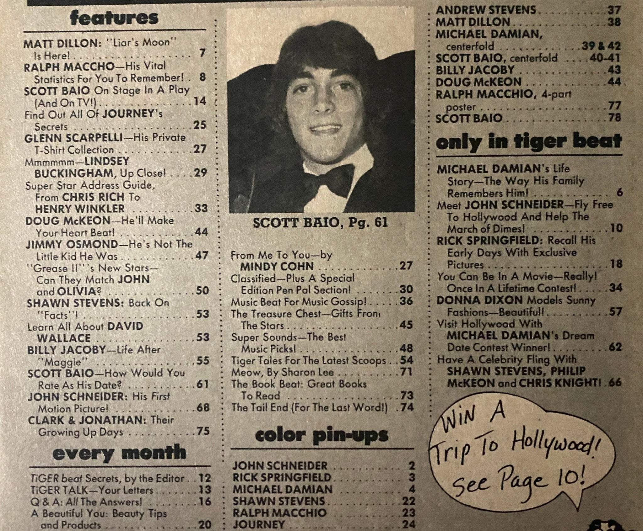 Contents page of Tiger Beat Magazine March 1982 highlighting features like Scott Baio's interview and the magazine's sections.