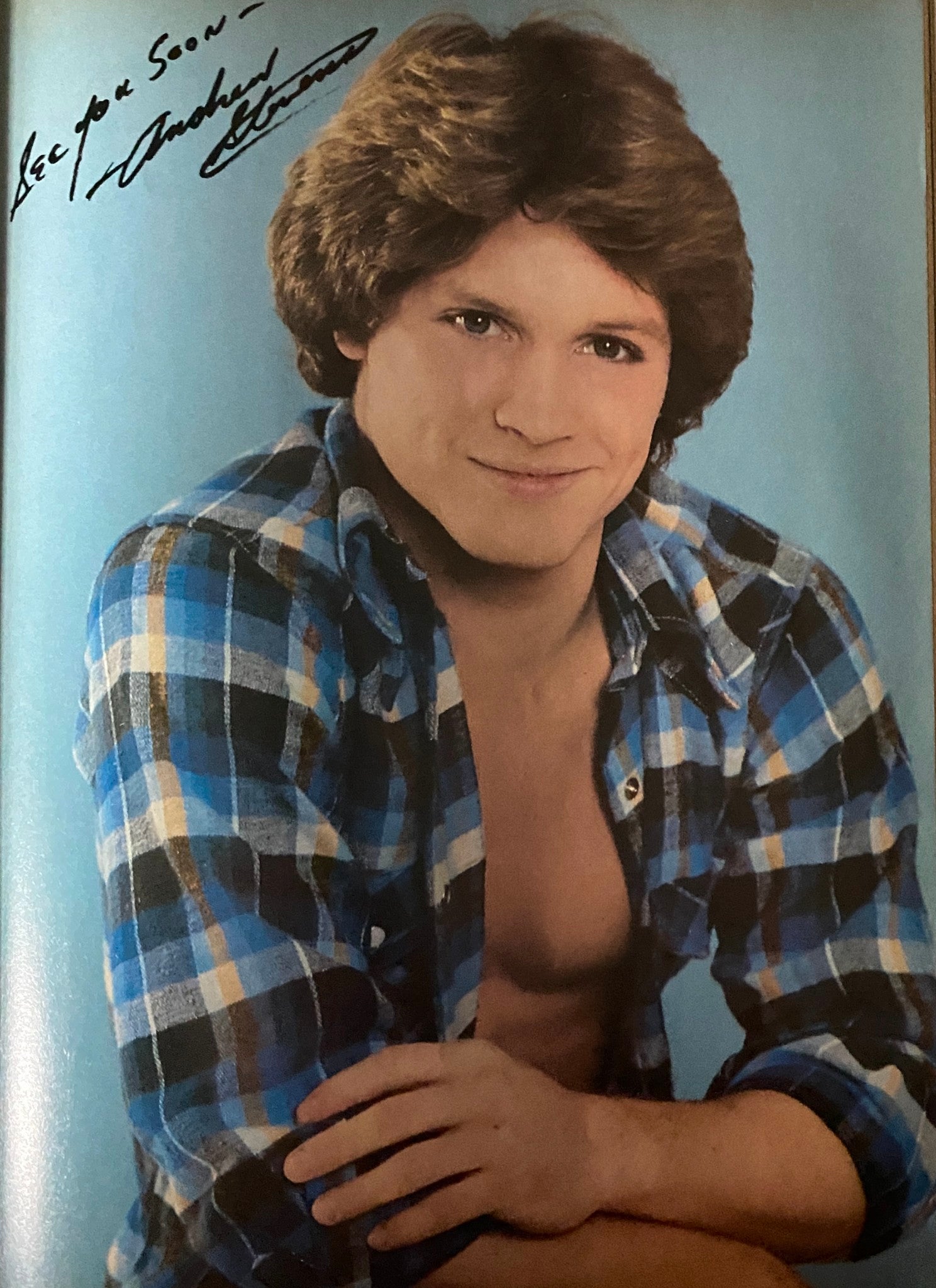 Color pin-up of Andrew Stevens from Tiger Beat Magazine March 1982, showcasing his casual look and signature.