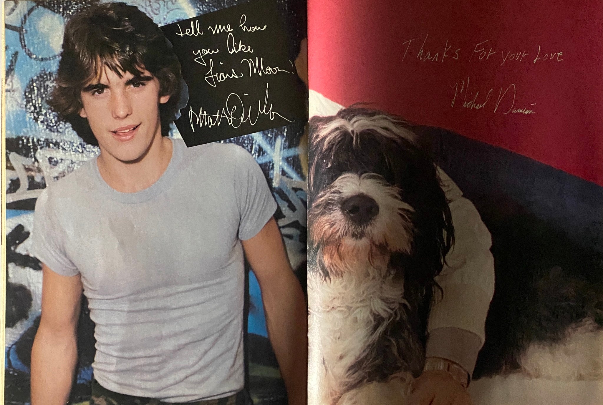 Feature page in Tiger Beat Magazine March 1982 with Matt Dillon and Michael Damian, including their writings and personal messages.