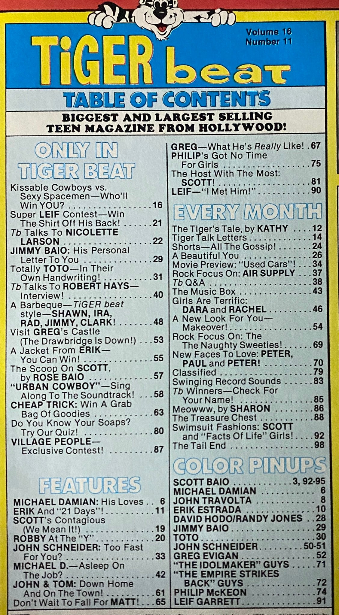Table of contents from Tiger Beat Magazine August 1980, detailing articles, contests, and features including popular teen idols and exclusive interviews.