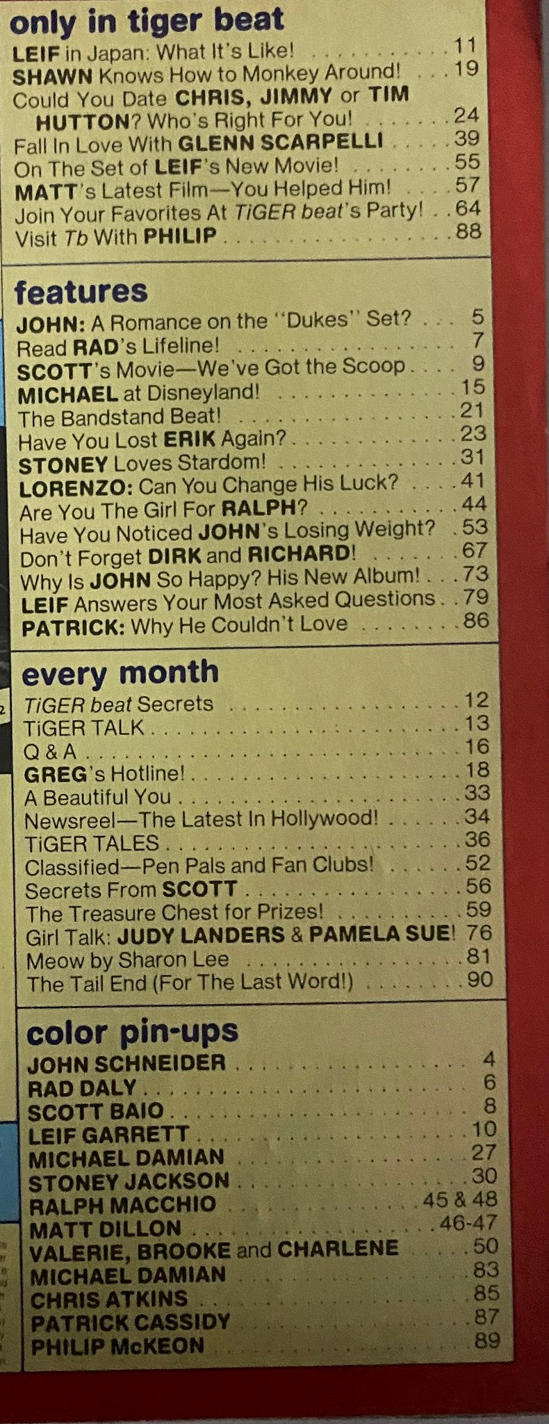 Table of contents from Tiger Beat Magazine May 1981 listing featured articles and pin-ups including John Schneider and Michael Damian.