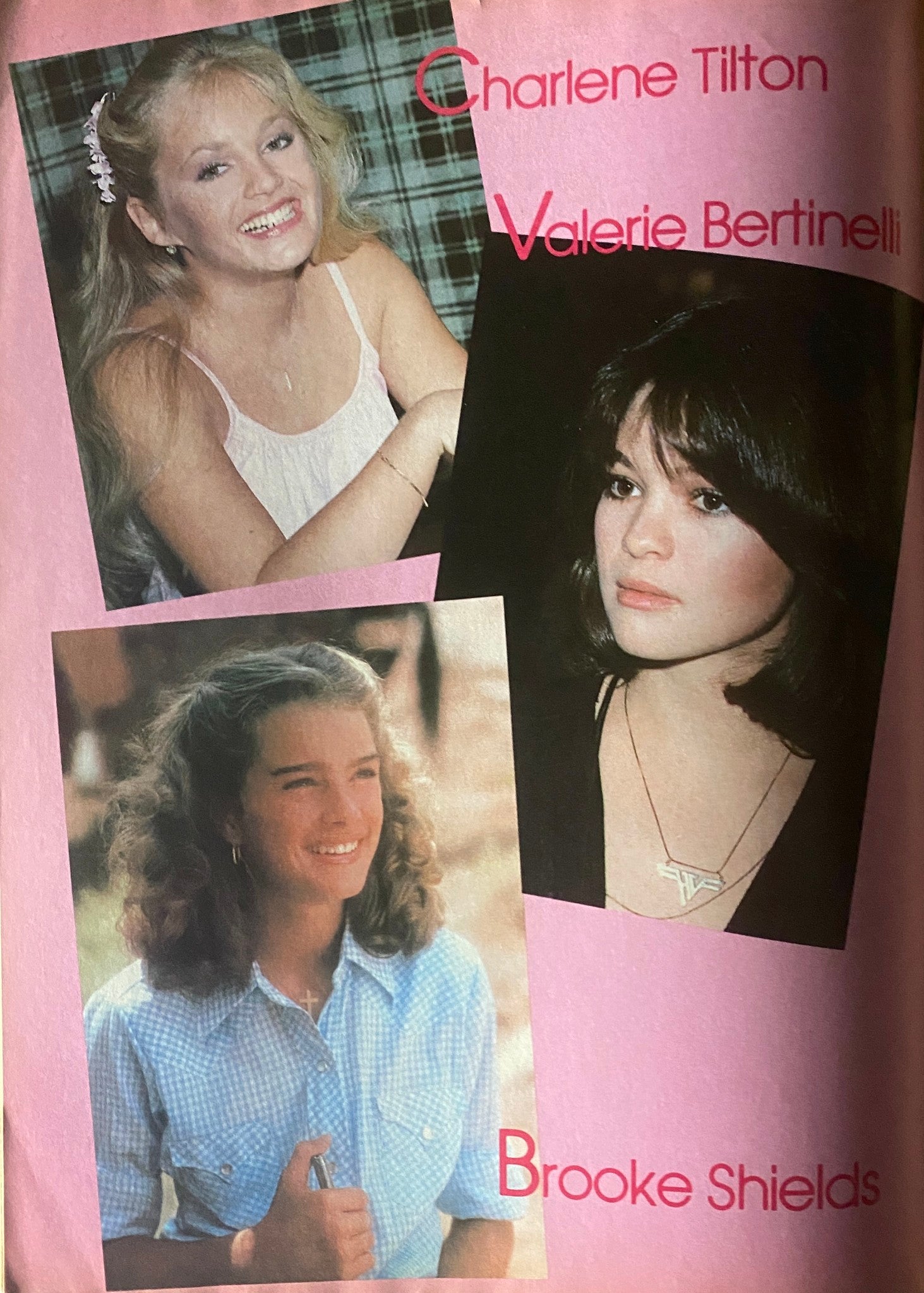 Collage of teenage celebrities from Tiger Beat Magazine May 1981 featuring Charlene Tilton, Valerie Bertinelli, and Brooke Shields.