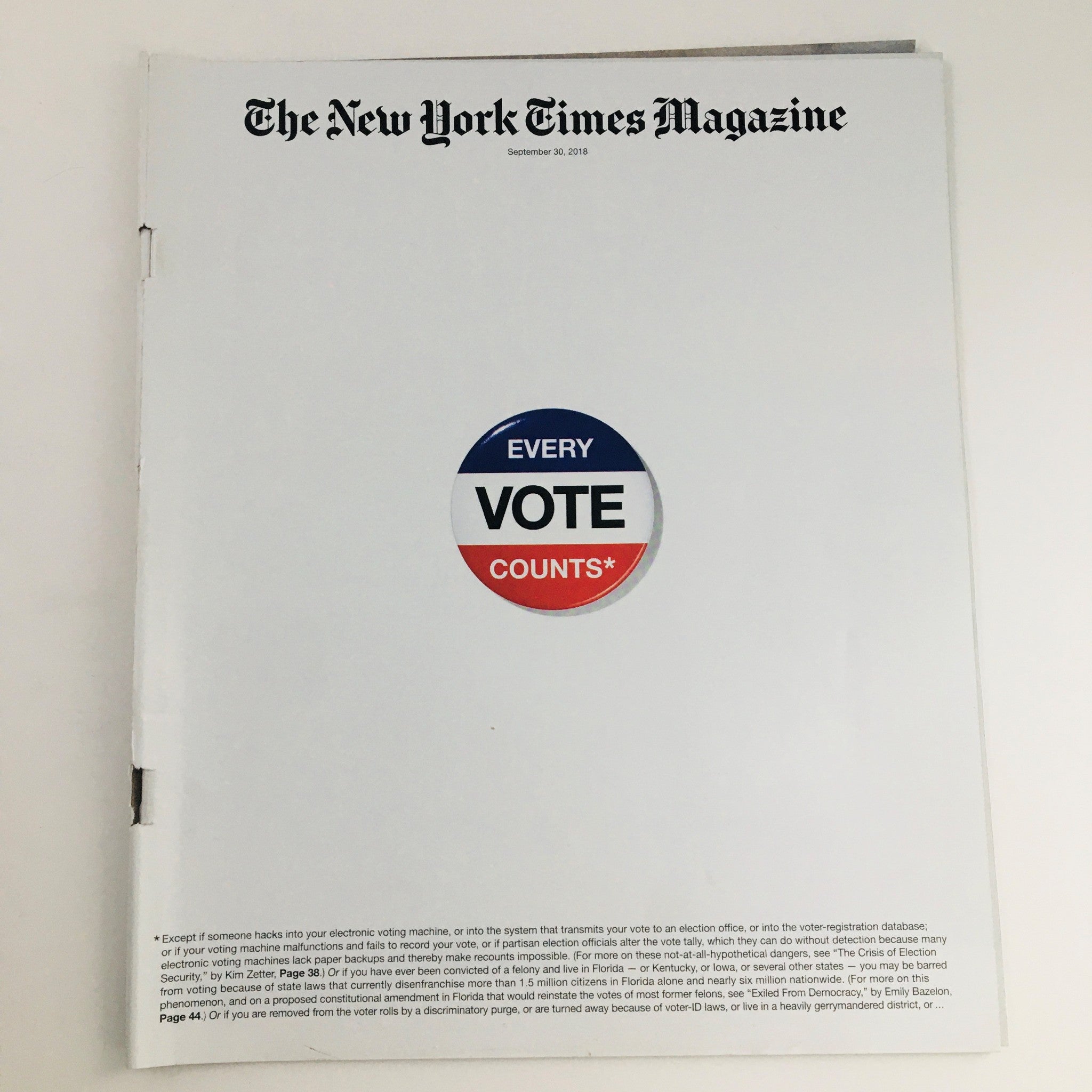 The New York Times Magazine September 30 2018 Every Vote Counts U.S.A. Election