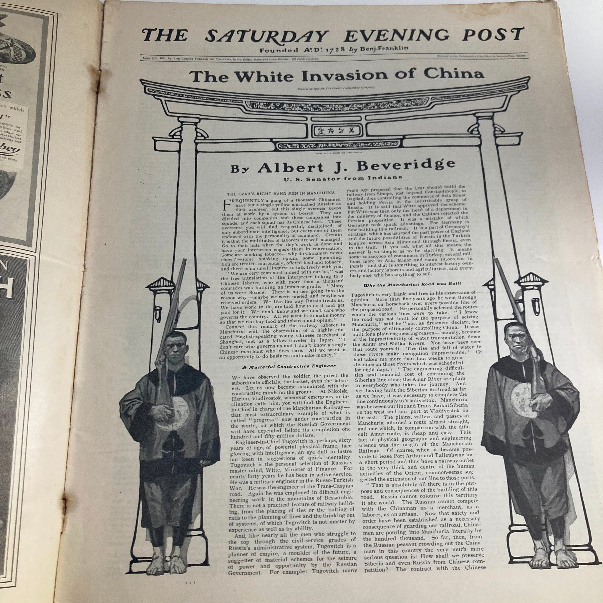Interior page of the Saturday Evening Post Magazine dated December 7, 1901, featuring an article titled "The White Invasion of China" by Albert J. Beveridge.