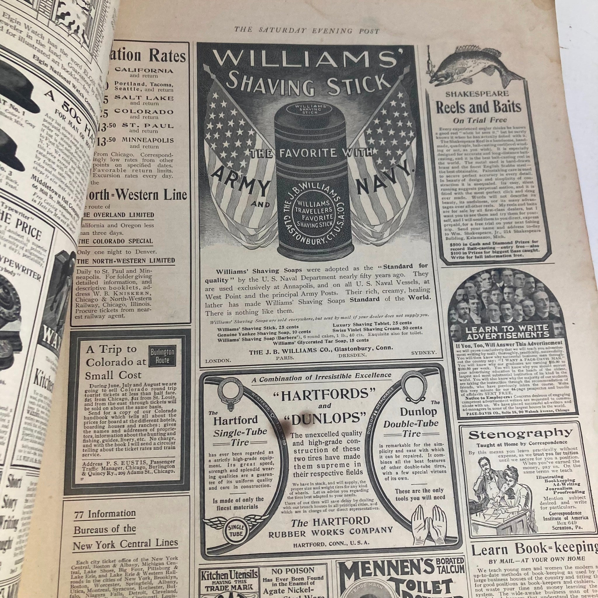 Interior page of the Saturday Evening Post Magazine June 7, 1902, displaying advertisements including Williams' Shaving Stick targeting army and navy personnel.