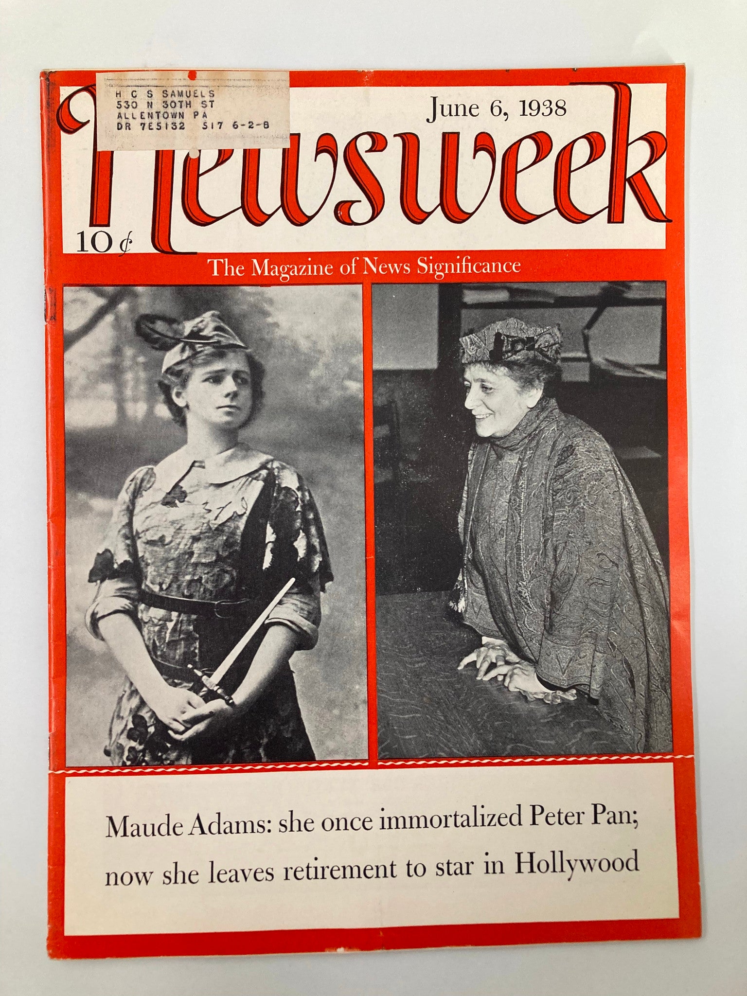 VTG Newsweek Magazine from June 6, 1938 featuring Maude Adams, the actress who immortalized Peter Pan, with images highlighting her transition from retirement to starring in Hollywood.