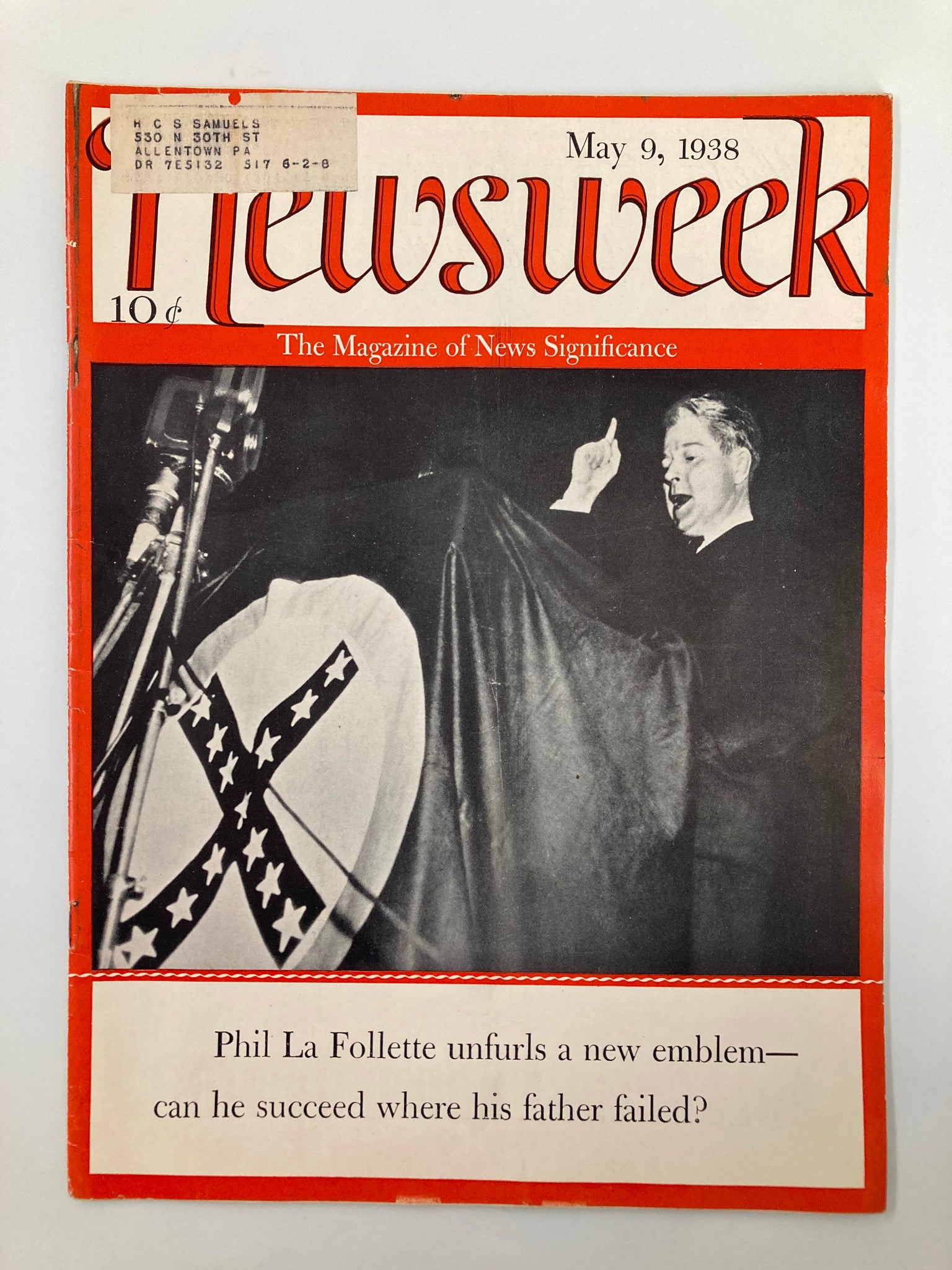 VTG Newsweek Magazine May 9 1938 Phil La Follette Unfurls a New Emblem