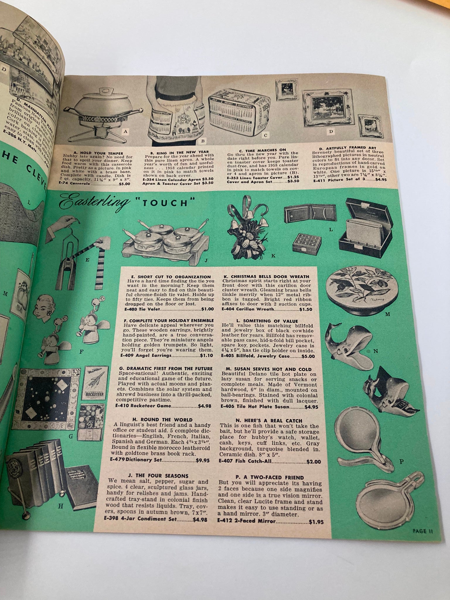 Vintage 1957 Easterling Gift Guide for Christmas Morn' catalog page displaying various holiday gift items and advertisements from the 1950s.