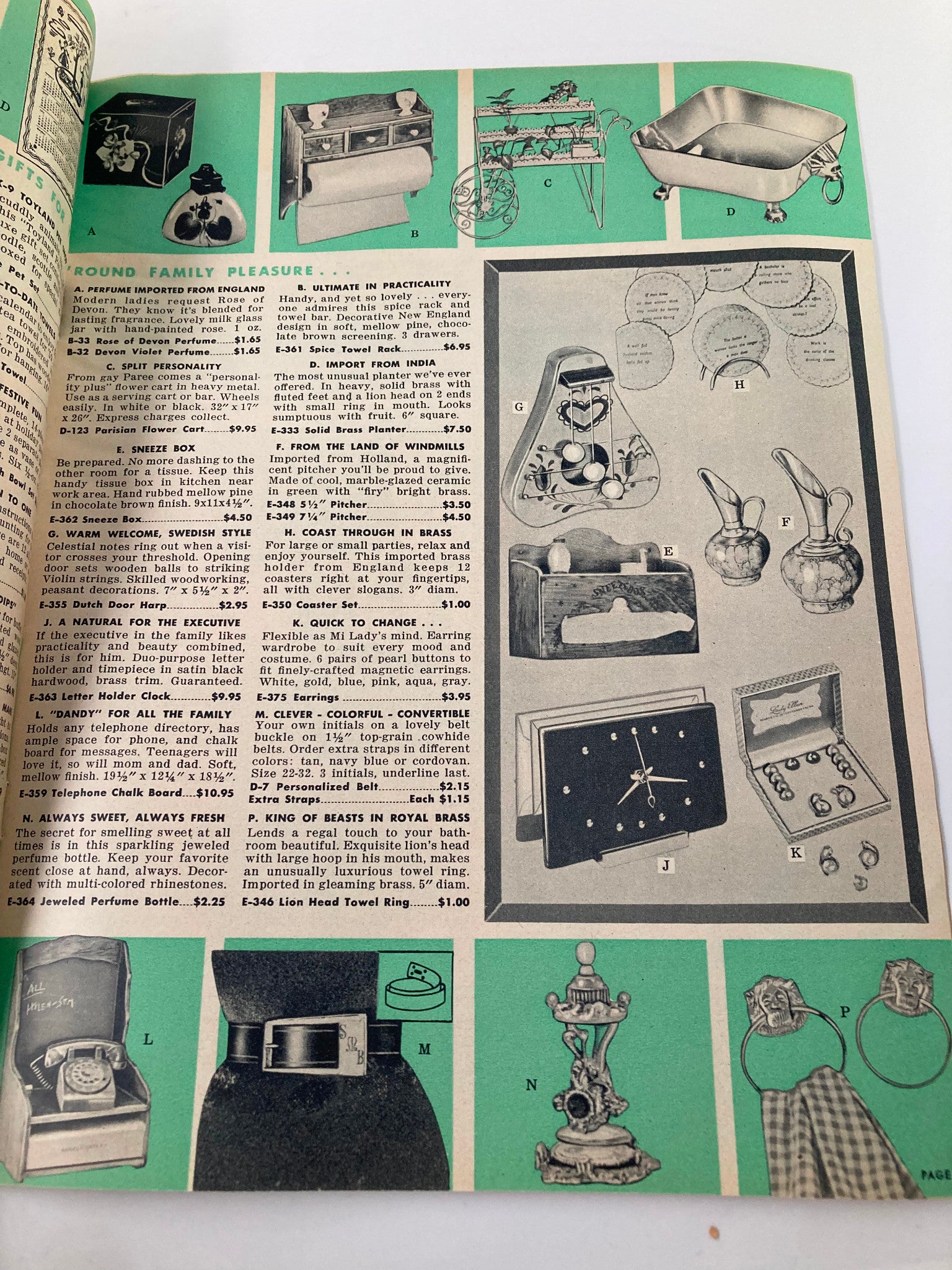Another page from the Vintage 1957 Easterling Gift Guide for Christmas Morn' catalog showcasing unique gifts and holiday-themed items from the late 1950s.