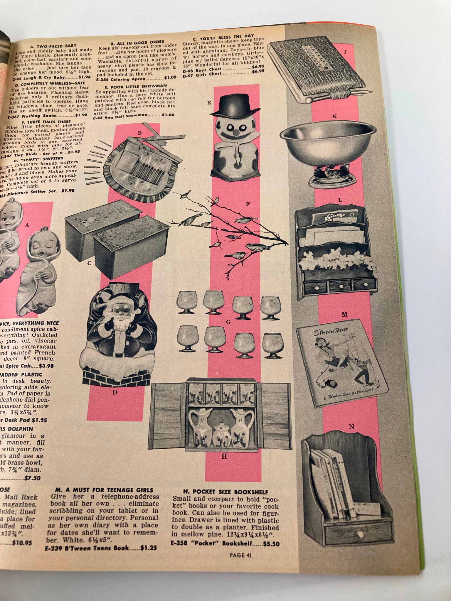 Final page of the Vintage 1957 Easterling Gift Guide for Christmas Morn' catalog featuring nostalgic toys and decorative items for the holiday season.