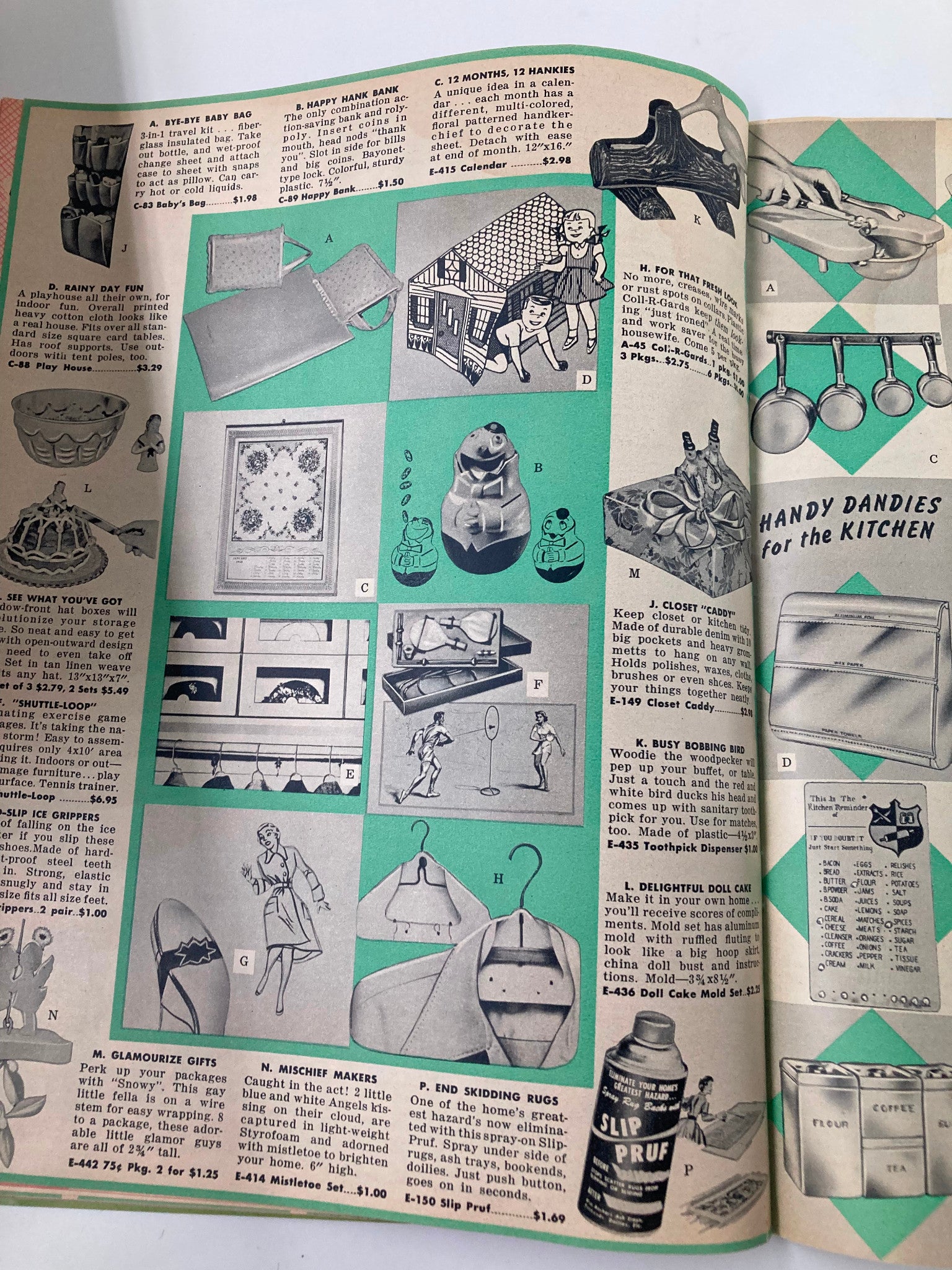 VTG Christmas 1957 Your Easterling Gift Guide for Christmas Morn' Catalog showcasing various holiday gift items including toys, kitchen gadgets, and decorative products, all featured in a vintage magazine layout.