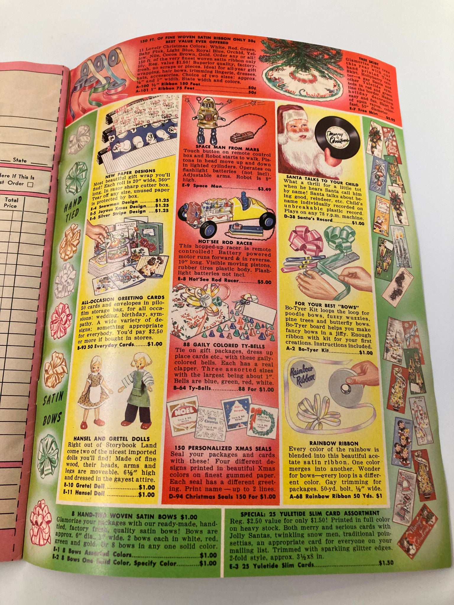 VTG Christmas 1957 Your Easterling Gift Guide for Christmas Morn' Catalog page featuring colorful holiday-themed products such as greeting cards, dolls, and toys, illustrating the vintage charm of the late 1950s.
