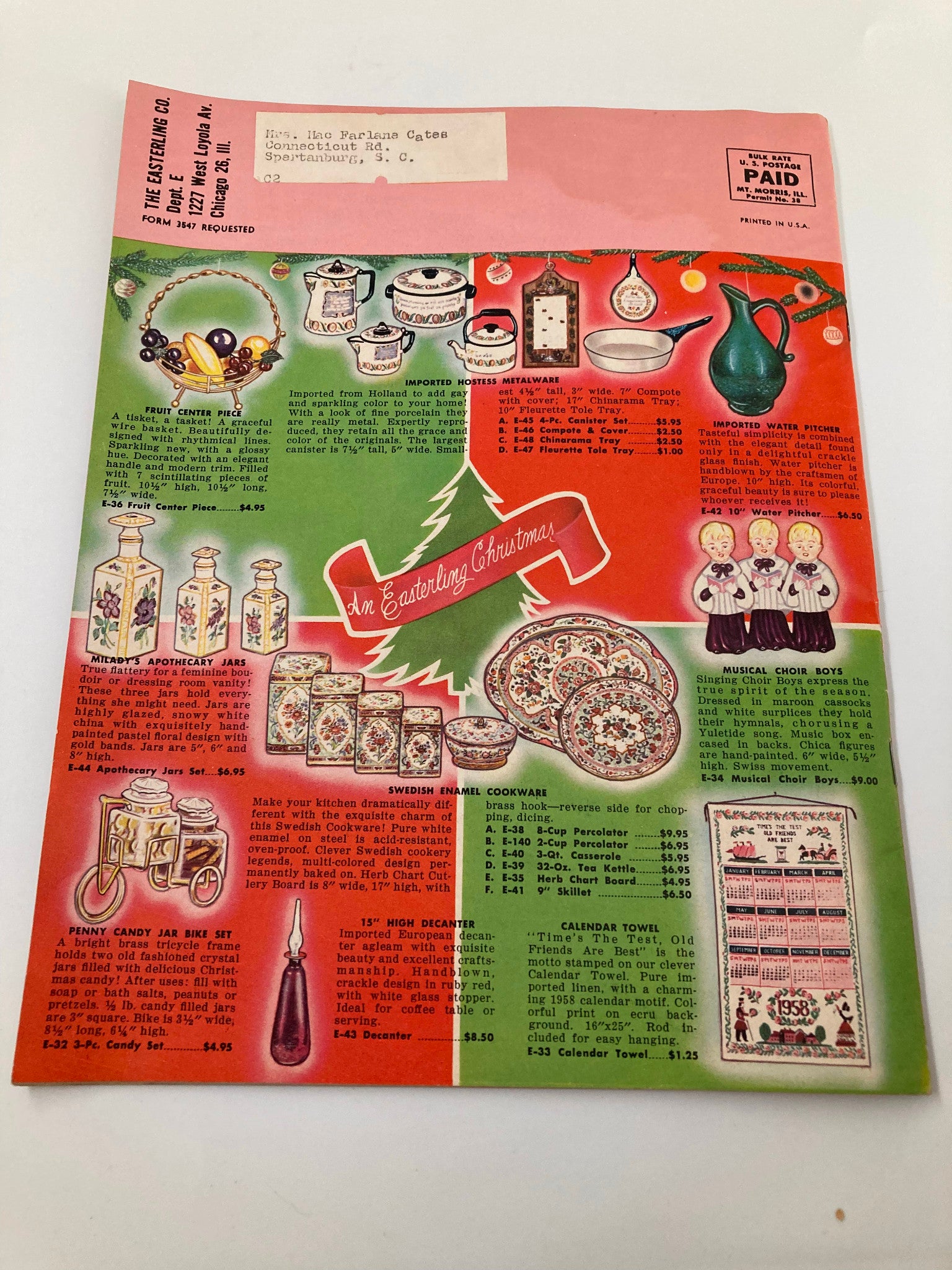 VTG Christmas 1957 Your Easterling Gift Guide for Christmas Morn' Catalog back cover displaying festive kitchenware and decorative items, demonstrating popular products from the 1957 holiday season.