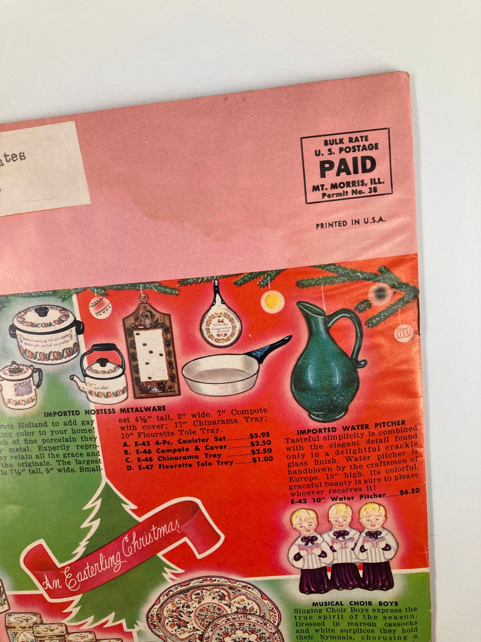 VTG Christmas 1957 Your Easterling Gift Guide for Christmas Morn' Catalog page featuring imported kitchen accessories and decorative products, filled with nostalgic holiday imagery and prices typical of the era.