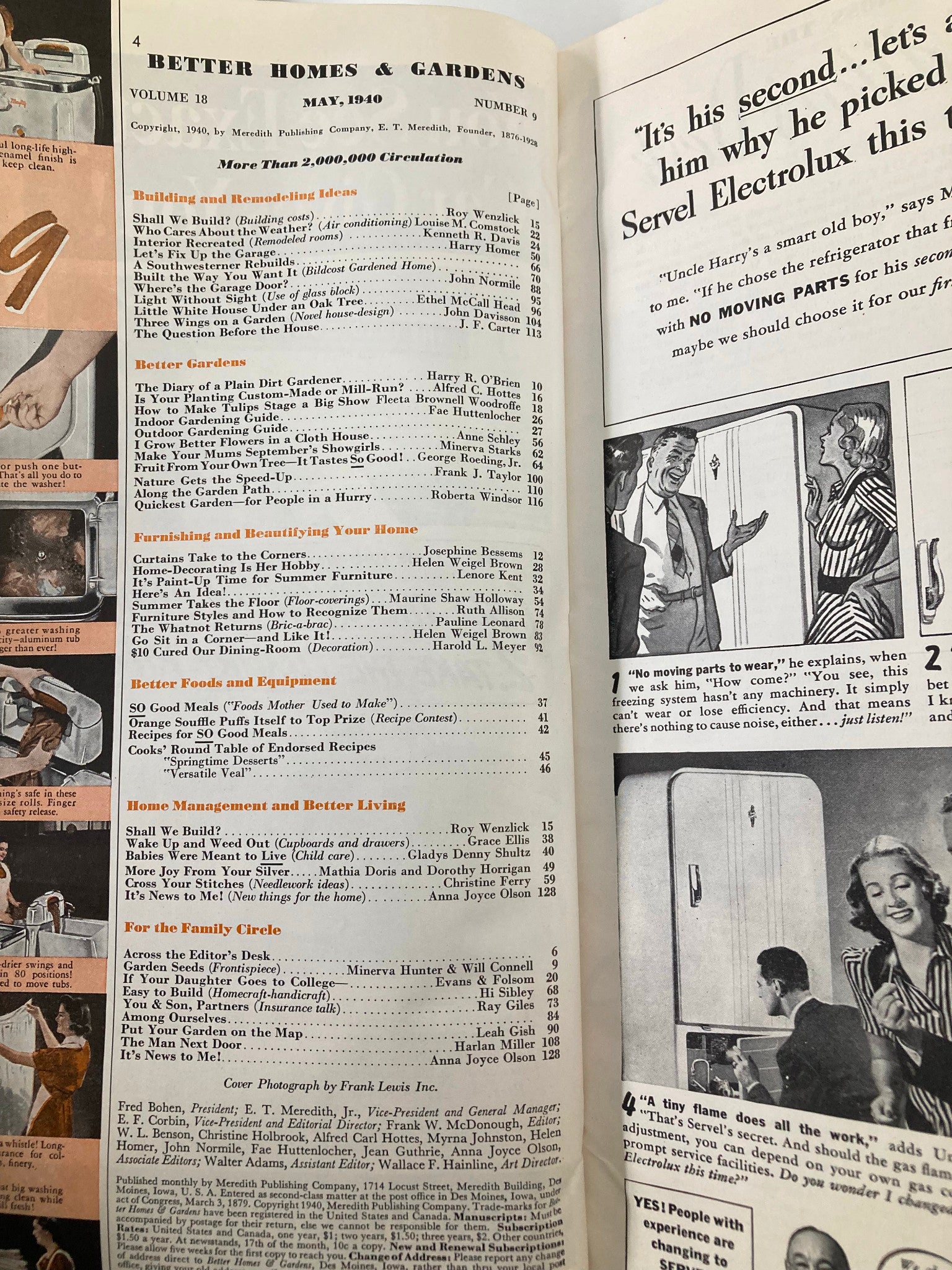 Interior page of the May 1940 Vintage Better Homes & Gardens Magazine titled 'Summer Takes The Floor', displaying contents and articles.