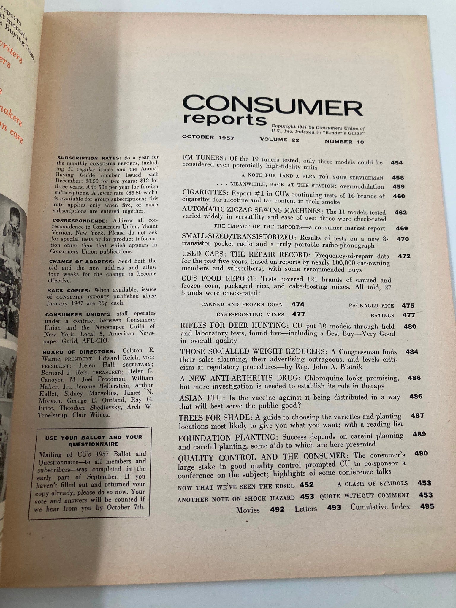 VTG Consumer Reports Magazine October 1957 Zigzag Sewing Machines No Label