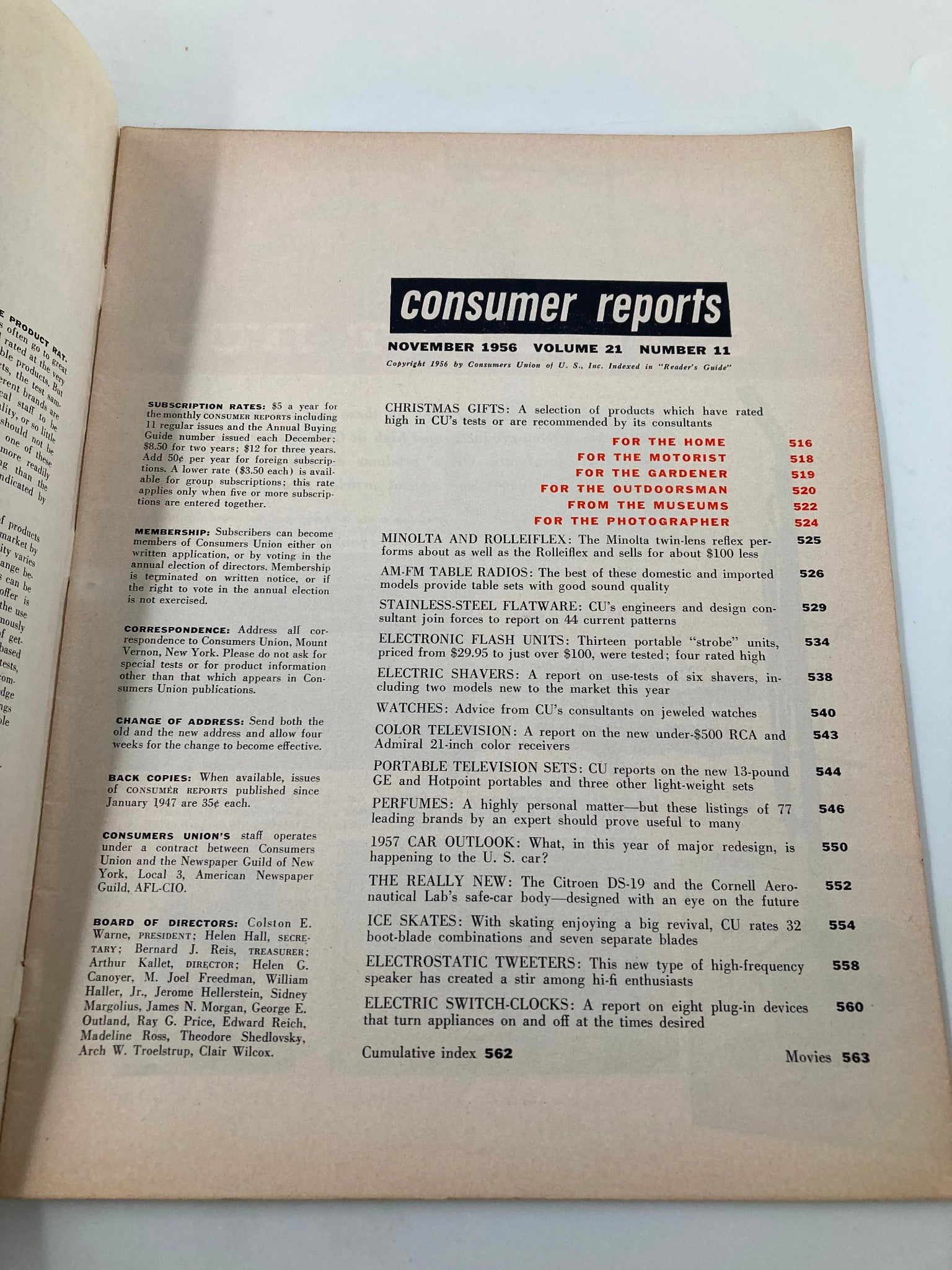 VTG Consumer Reports Magazine November 1956 Minolta and Rolleiflex No Label