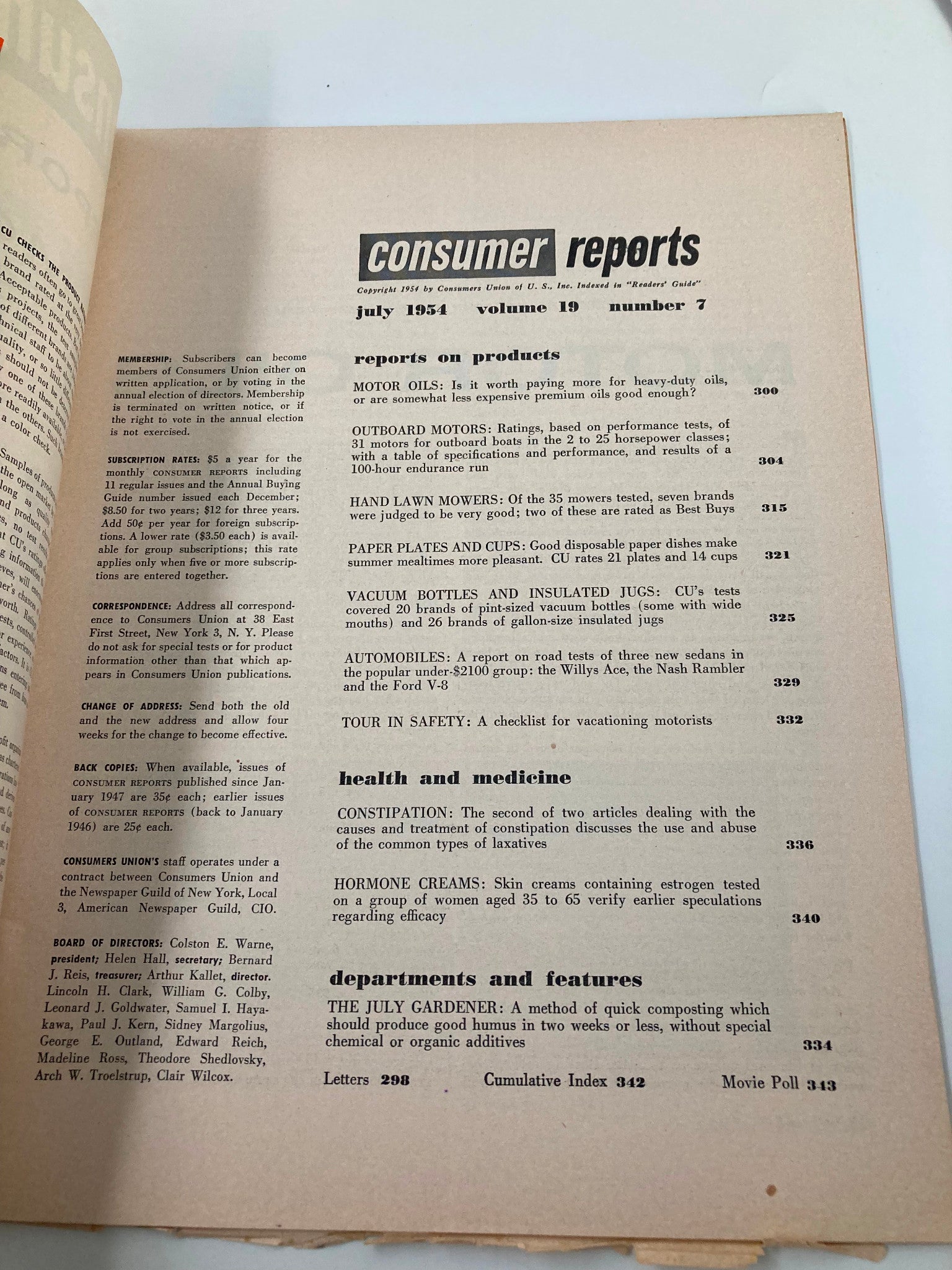 VTG Consumer Reports Magazine July 1954 Ford, Nash & Willys Motor Oils No Label