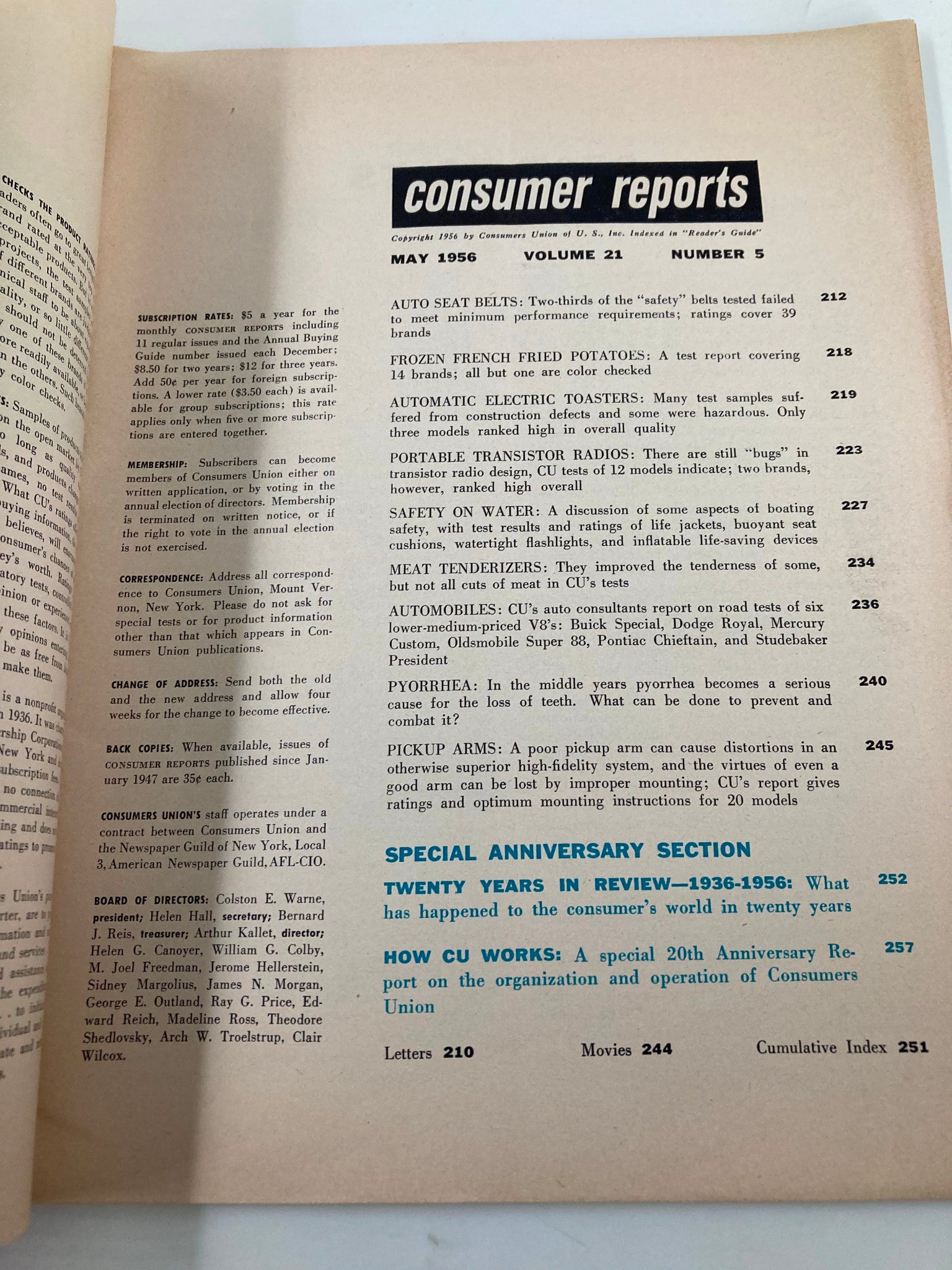 VTG Consumer Reports Magazine May 1956 Seat Belts Tested & Failed No Label