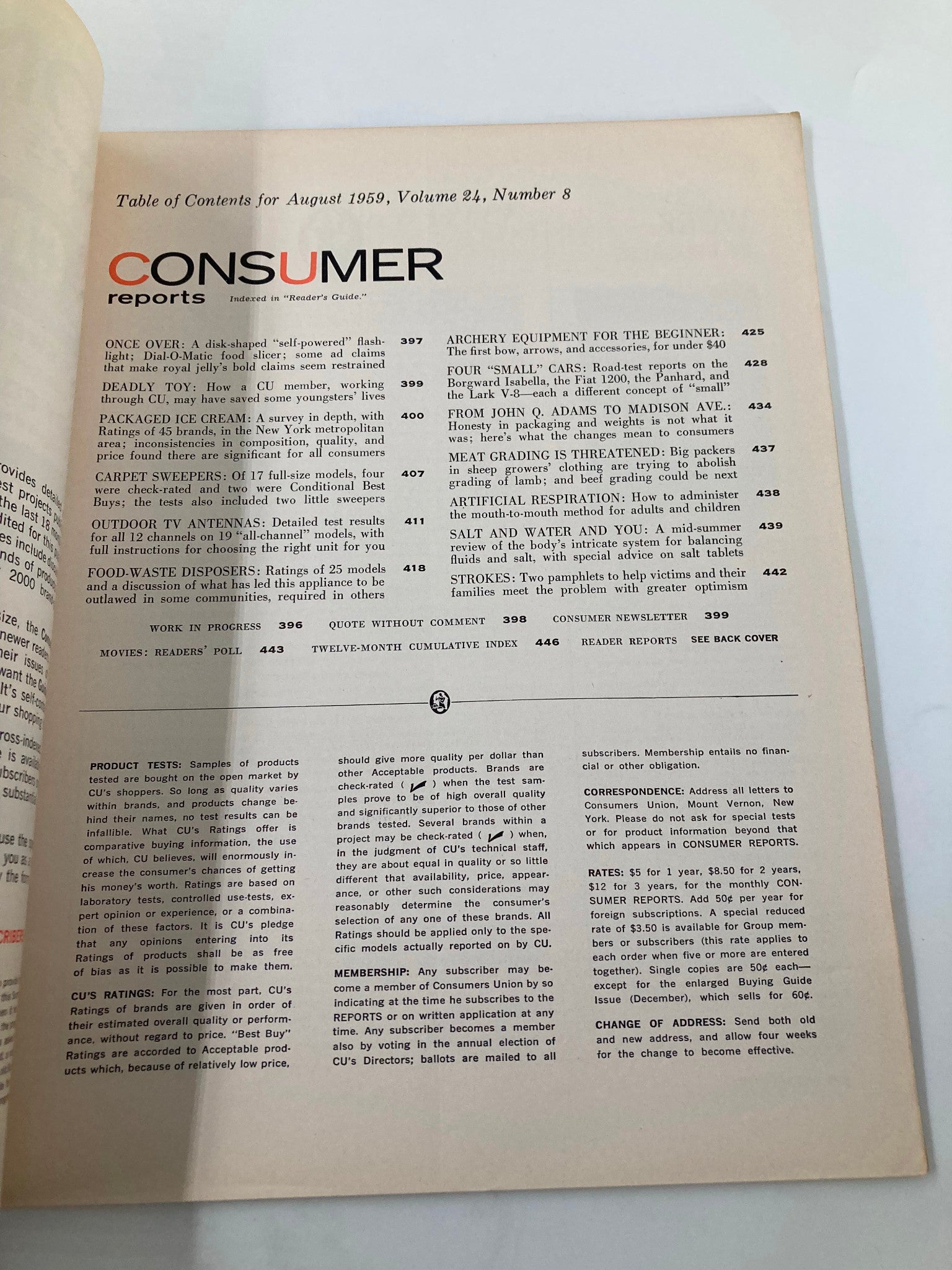 VTG Consumer Reports Magazine August 1959 Ice Cream Survey of Products No Label