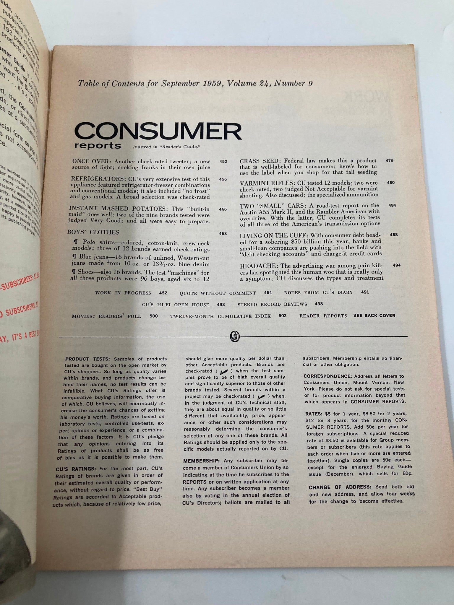 VTG Consumer Reports Magazine September 1959 Headaches Type & Treatment No Label