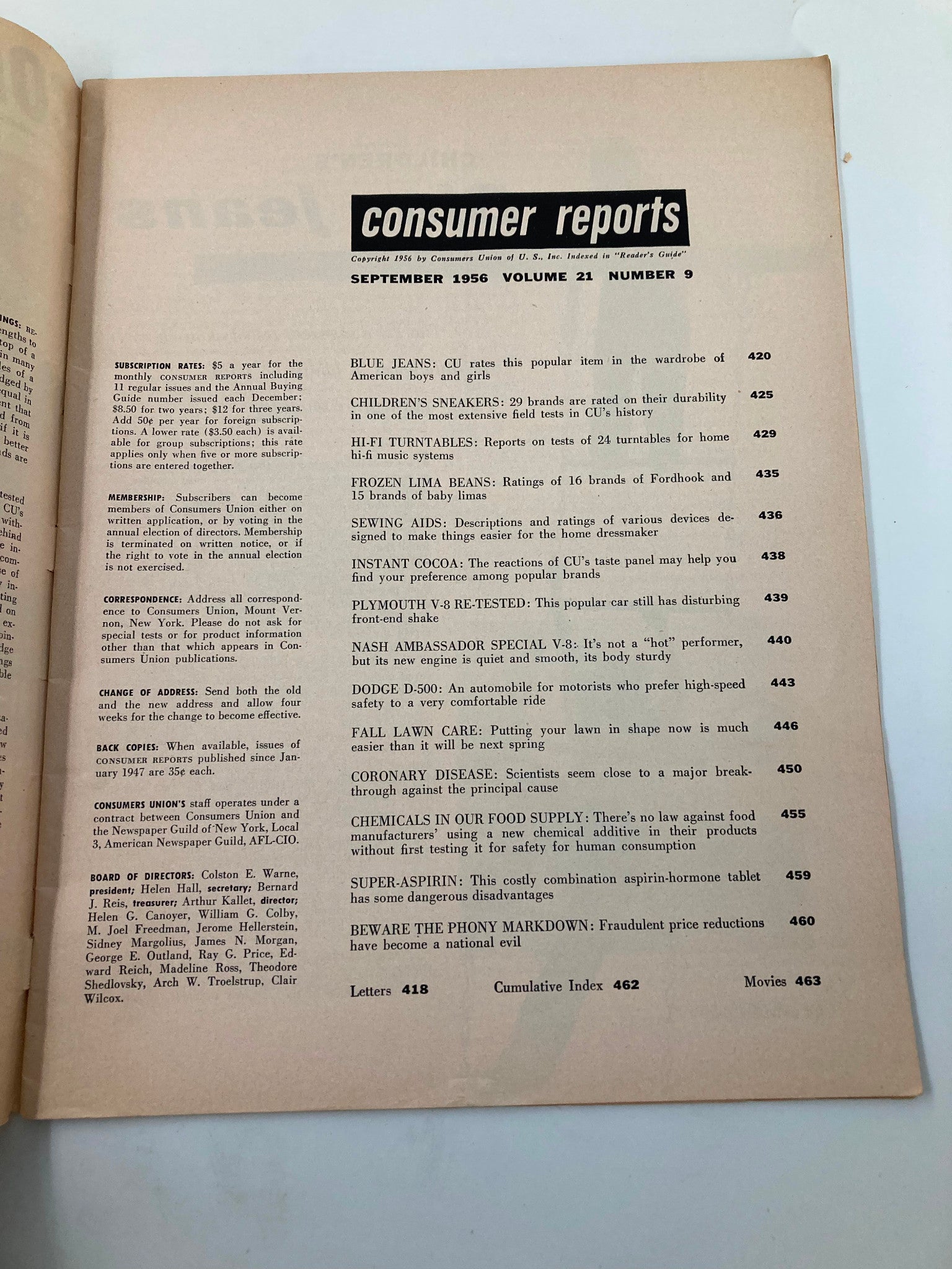 VTG Consumer Reports Magazine September 1956 Coronary Heart Disease No Label