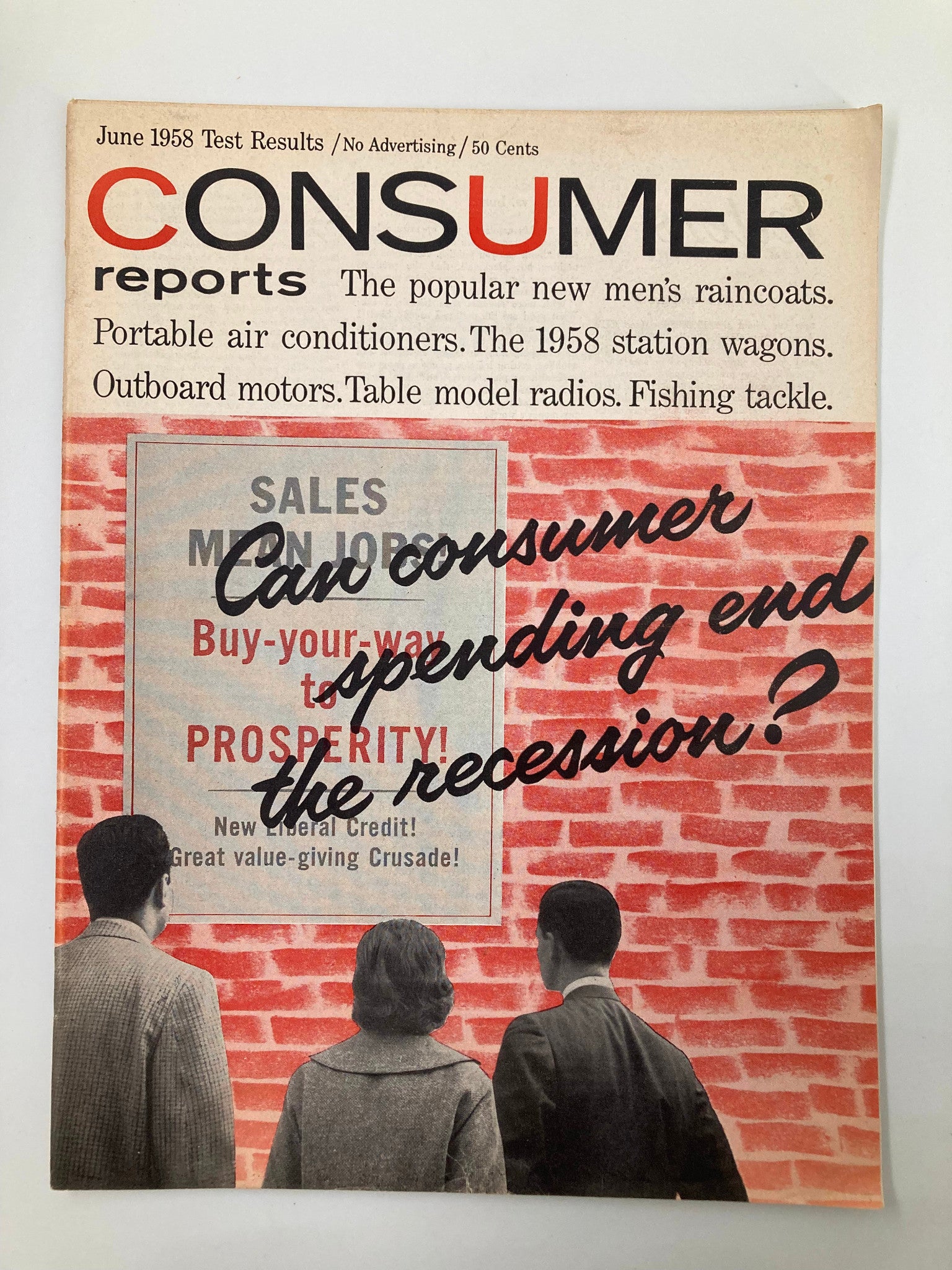 Cover of VTG Consumer Reports Magazine June 1958, featuring an article on 'The Popular New Men's Raincoats' along with advertisements and headlines discussing various consumer products of the time.
