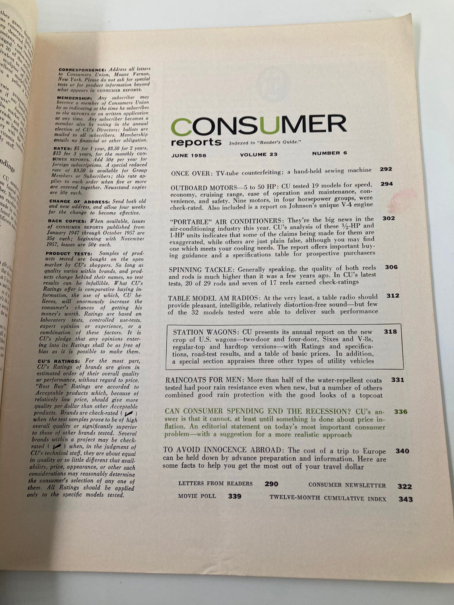 Interior page of VTG Consumer Reports Magazine June 1958, outlining test results and ratings for various products, including sections on outboard motors and portable air conditioners.