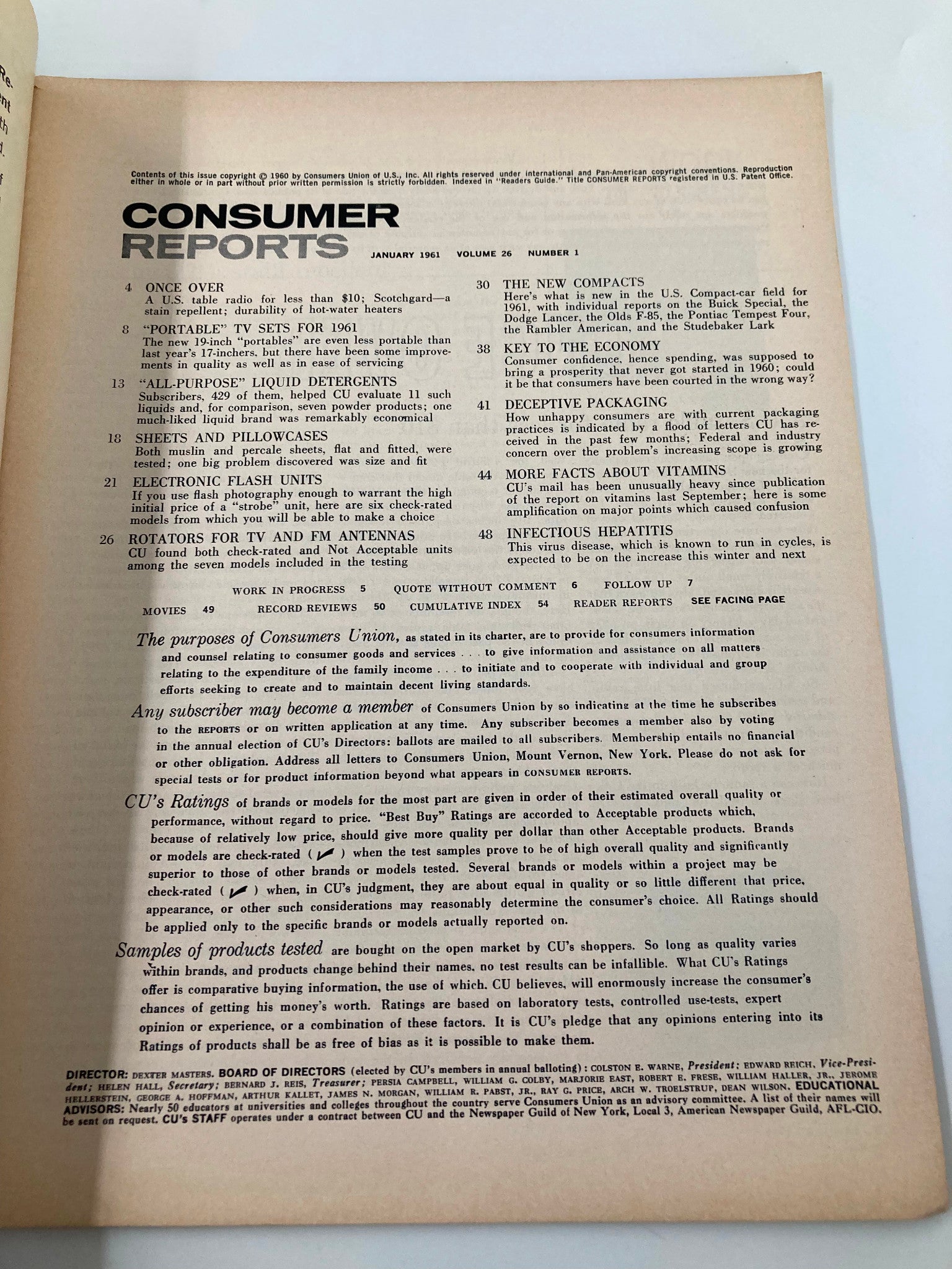 VTG Consumer Reports Magazine January 1961 Rotators for TVs FM Antennas No Label