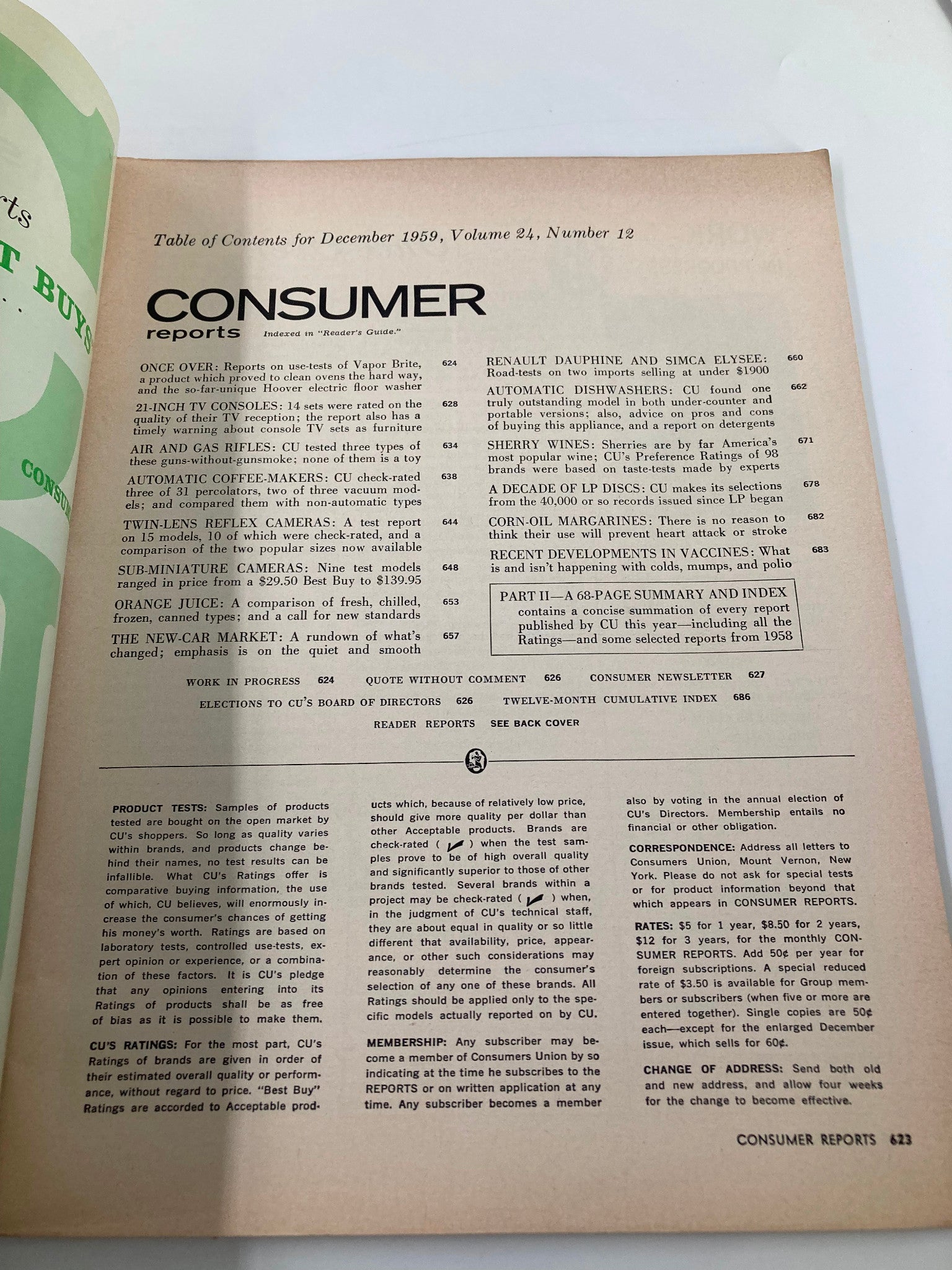 VTG Consumer Reports Magazine December 1959 Renault Dauphine Road Tests No Label