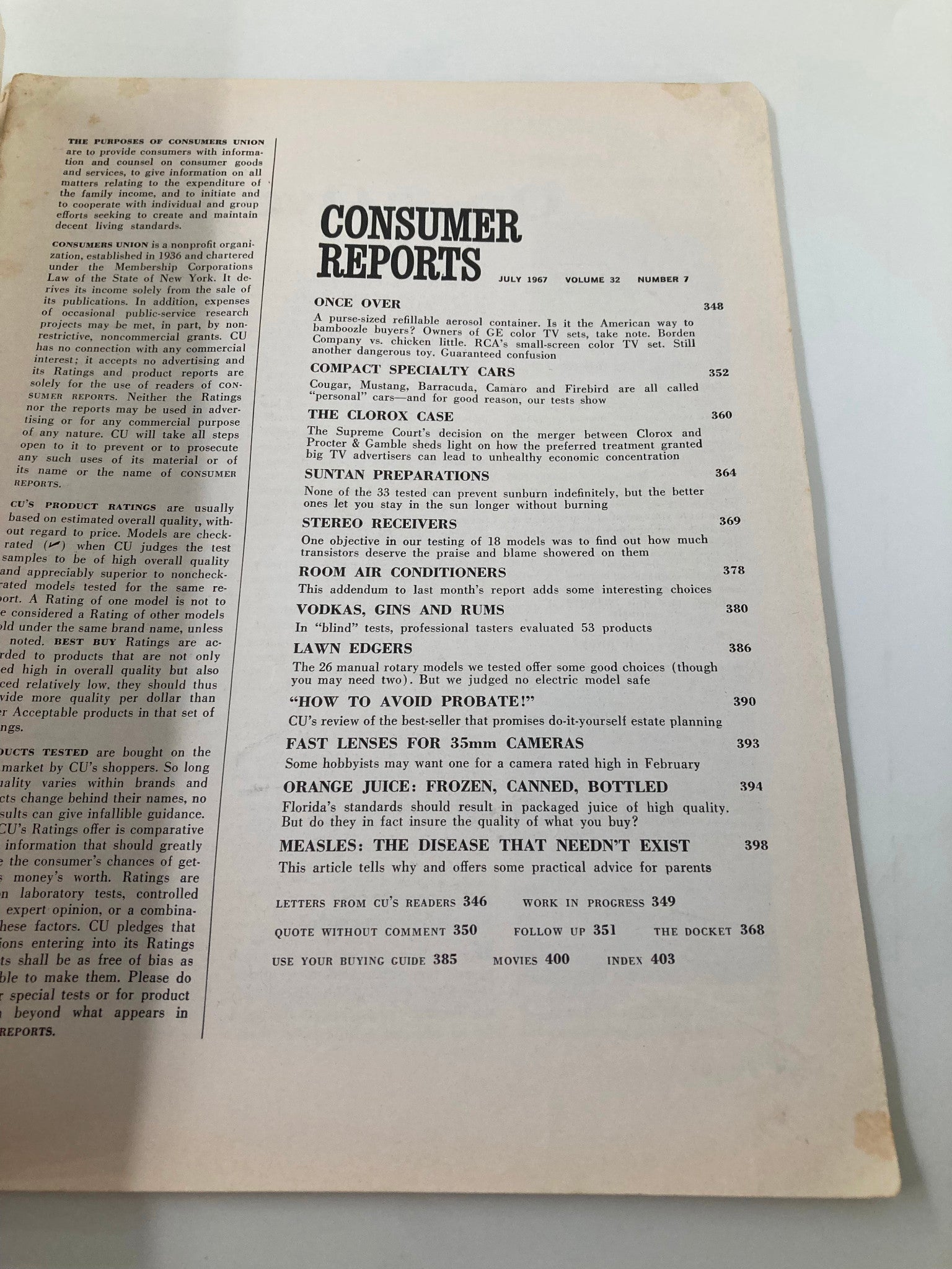 VTG Consumer Reports Magazine July 1967 Cougar Mustang Barracuda Camaro Firebird