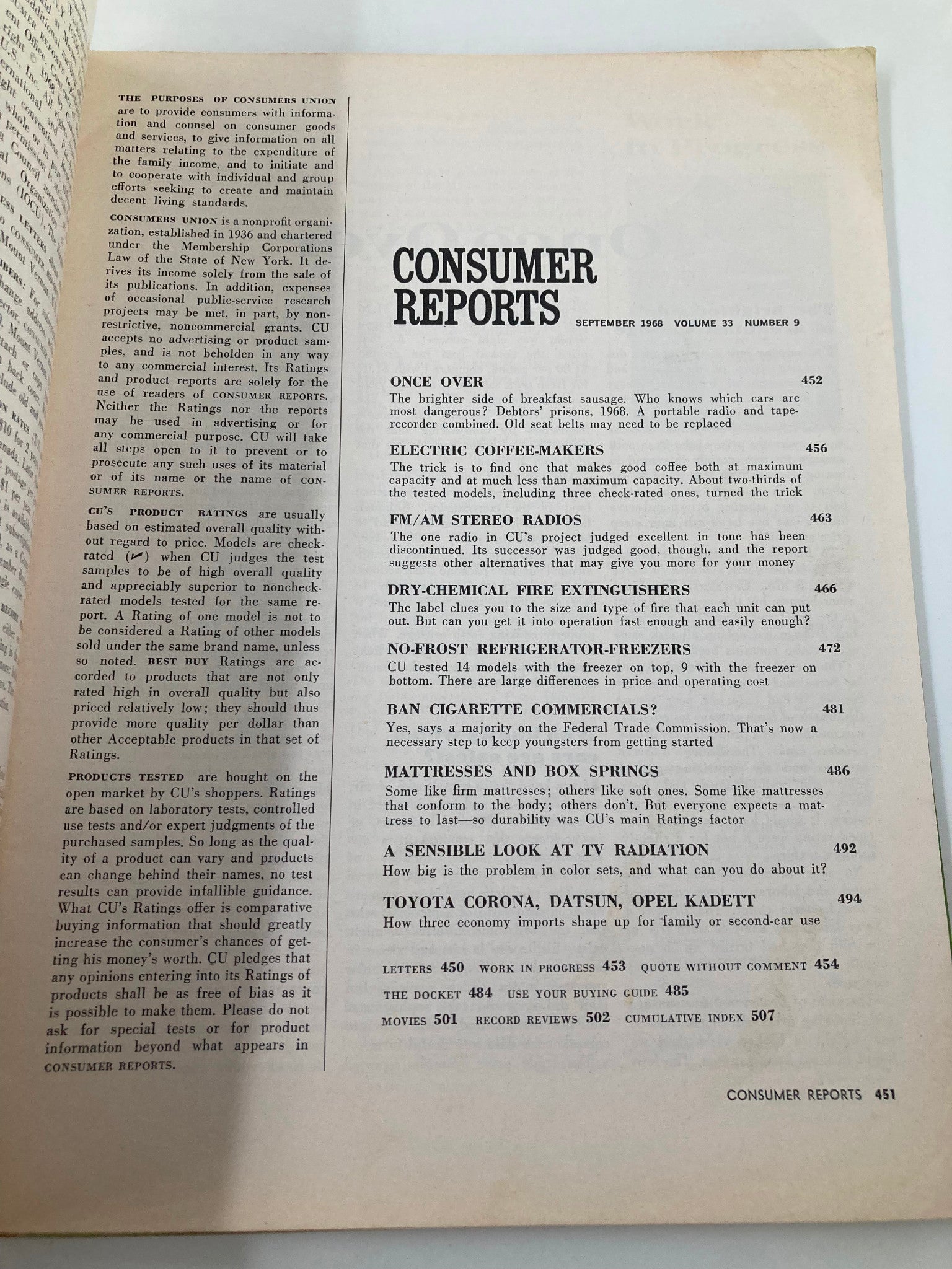 VTG Consumer Reports Magazine September 1968 Opel, Toyota and Datsun Road Test