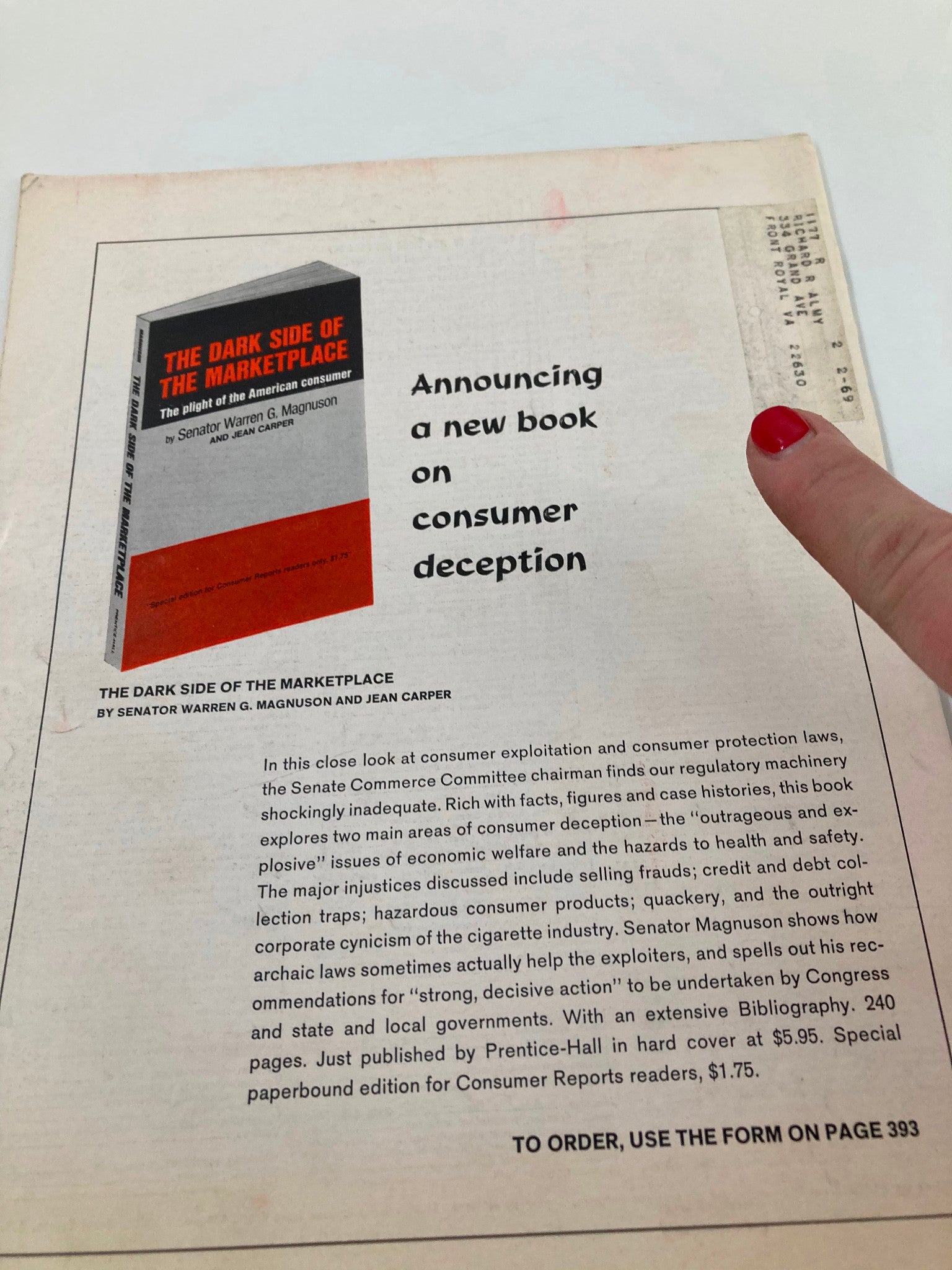 Back page of VTG Consumer Reports Magazine July 1968 introducing the book 'The Dark Side of the Marketplace', focusing on consumer protection and deception.