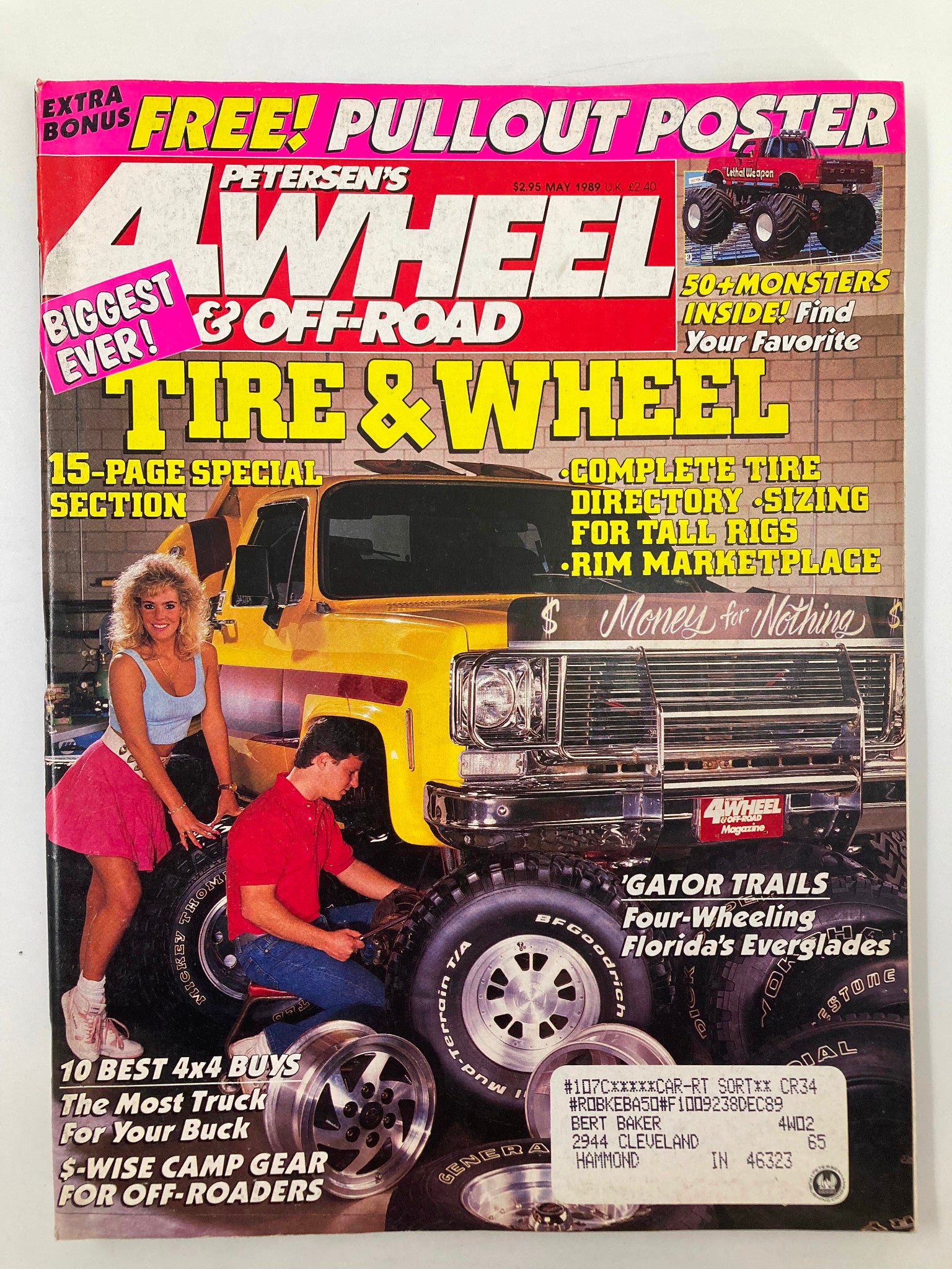 Cover of Petersen's 4 Wheel & Off-Road Magazine, May 1989, featuring the headline 'The Most Truck For Your Buck', highlighting off-road vehicles with illustrations of tires and a pullout poster offer. It shows a yellow truck with two people, capturing the essence of 1980s automotive culture.