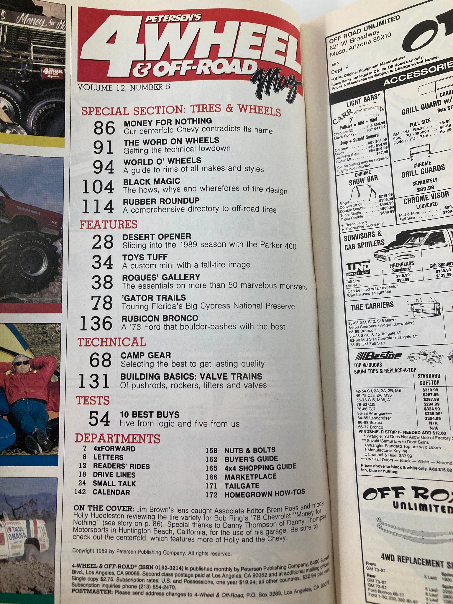 Contents page of Petersen's 4 Wheel & Off-Road Magazine, May 1989, detailing articles on tires and wheels, off-road adventures, and technical gear. It includes a list of features and departments reflecting the vintage automotive magazine layout.