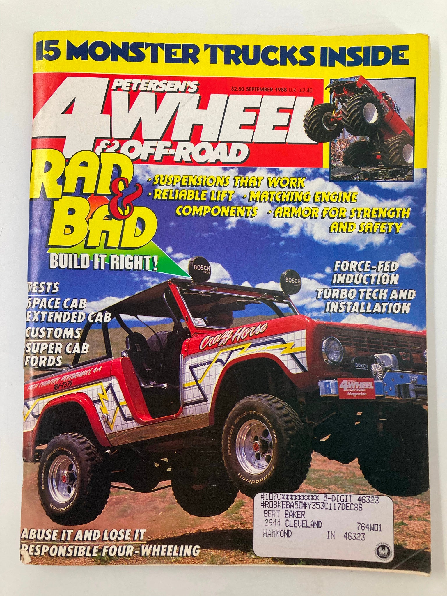 Cover of Petersen's 4 Wheel & Off-Road Magazine September 1988 featuring Debbie Dunn's iconic '67 Bronco, showcasing vibrant colors and off-road themes.