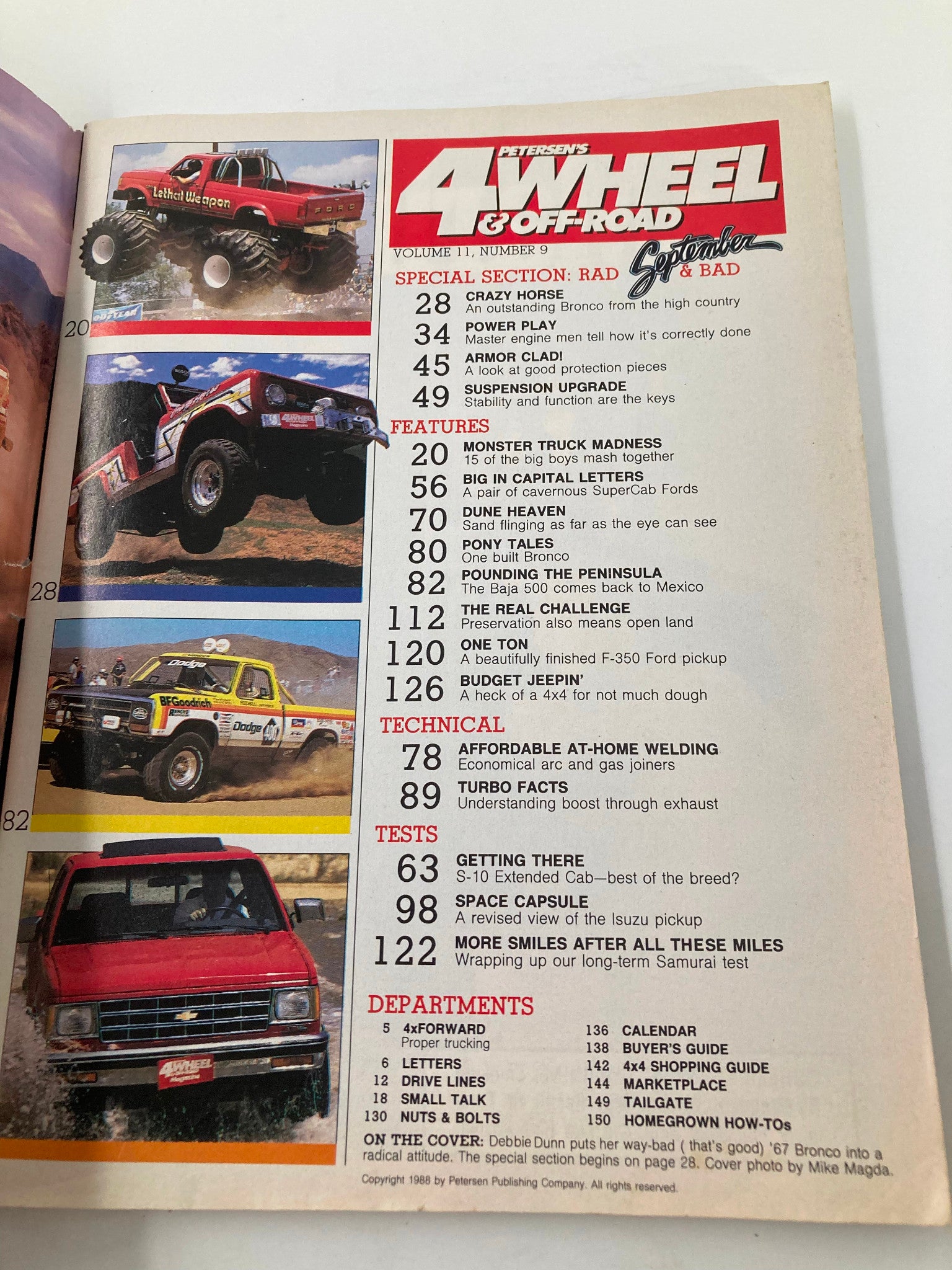 Contents page of Petersen's 4 Wheel & Off-Road Magazine September 1988, listing features and articles related to off-road vehicles and adventures.