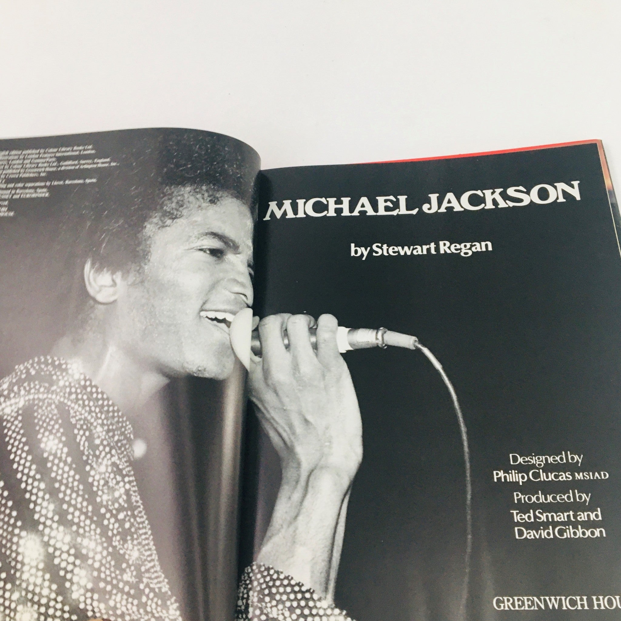 Another inner page of 'Greenwich House 1984 Presents Michael Jackson' by Stewart Regan highlighting Michael Jackson performing with a microphone.