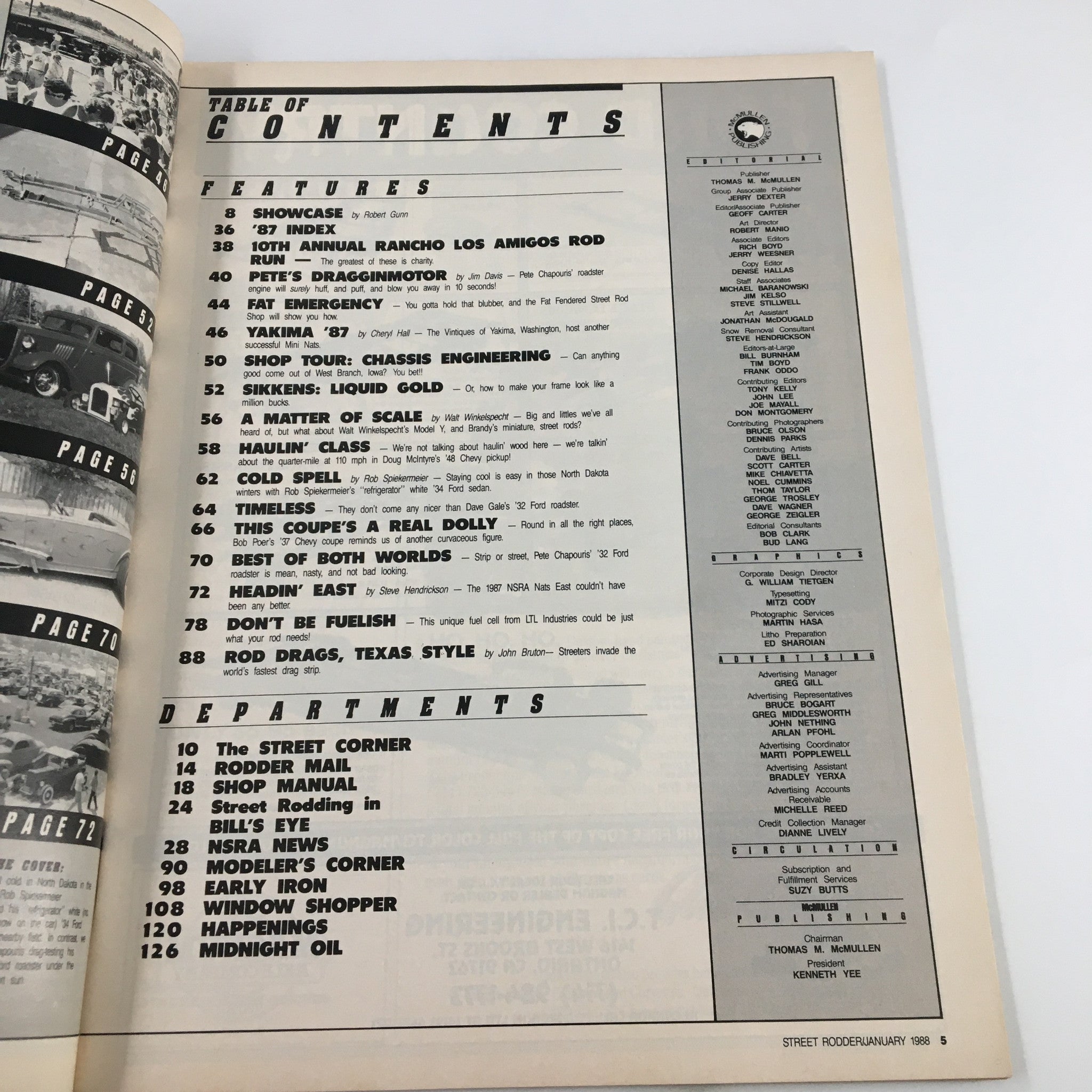Inside page of VTG Street Rodder Magazine January 1988 displaying the table of contents with features on street rodding, Chassis Engineering Shop Tour, and various automotive tips.