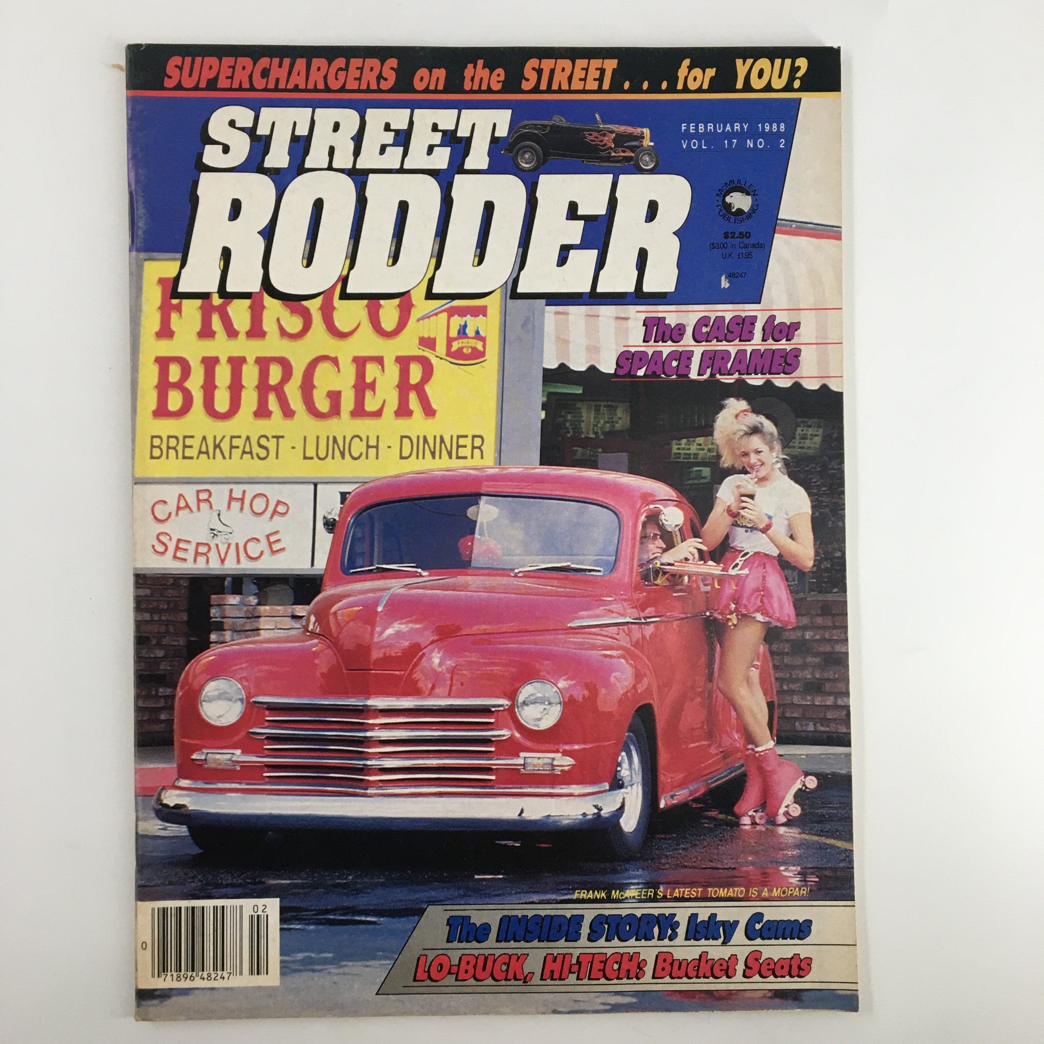 Cover of VTG Street Rodder Magazine February 1988 featuring a vibrant red vintage car parked outside a diner, showcasing the nostalgia of classic street rodding.