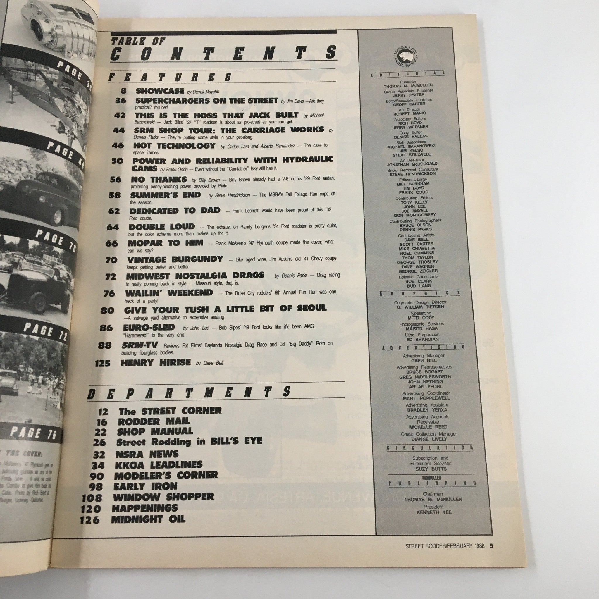 Table of contents from VTG Street Rodder Magazine February 1988, detailing articles on automotive culture and events including the Midwest Nostalgia Drags.