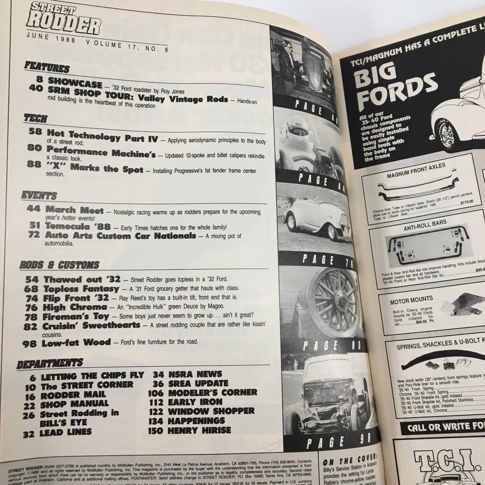 Contents from the June 1988 issue of Street Rodder Magazine featuring Lynda Raible's '31 Roadster Pickup, showcasing articles on vintage hot rods, events, and classic car tips.