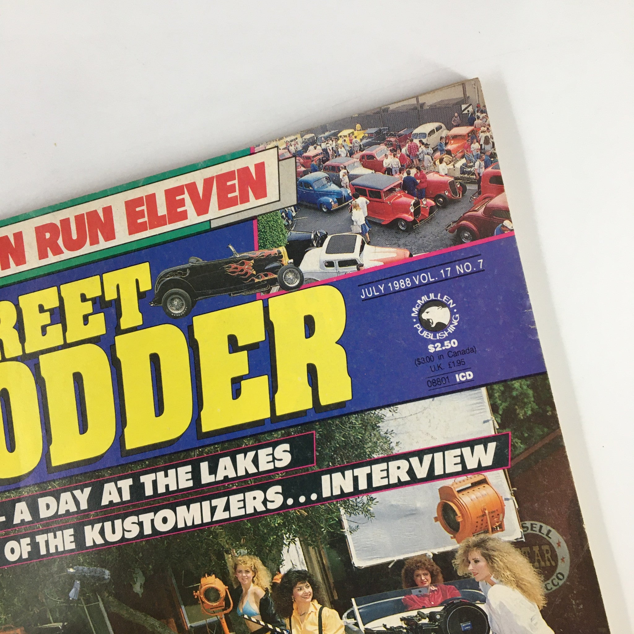 Close-up of the title and cover details from VTG Street Rodder Magazine July 1988 showcasing the Little Yellow Coupe and event highlights.